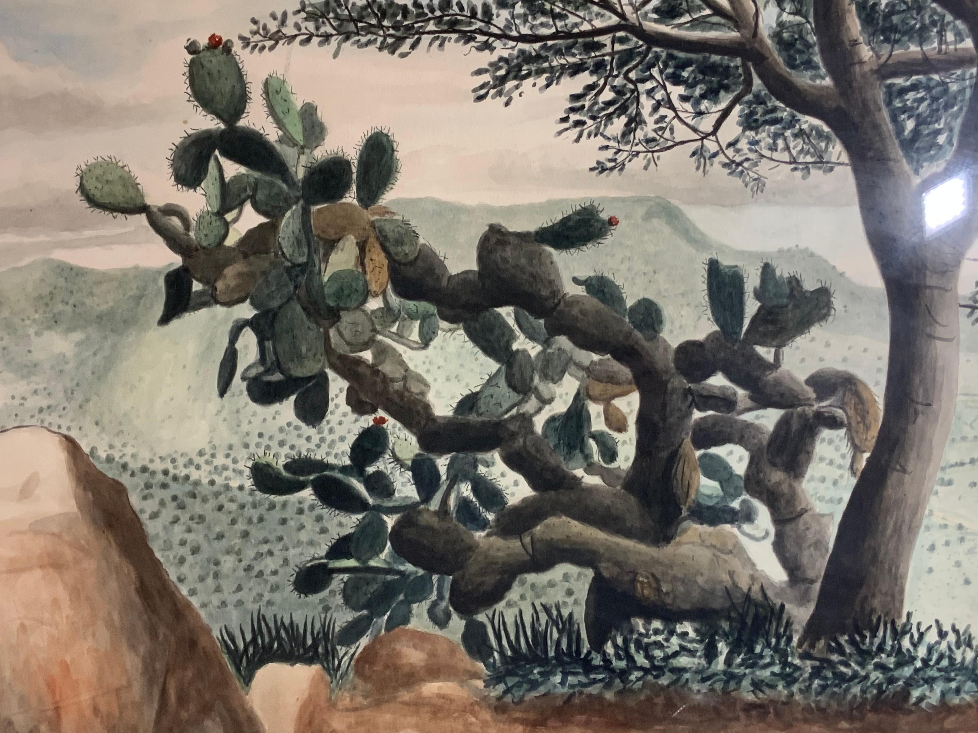 Mexicain Amador Lugo Guadarrama - Peinture à l'aquarelle - Cactus solitaire sur la montagne en vente