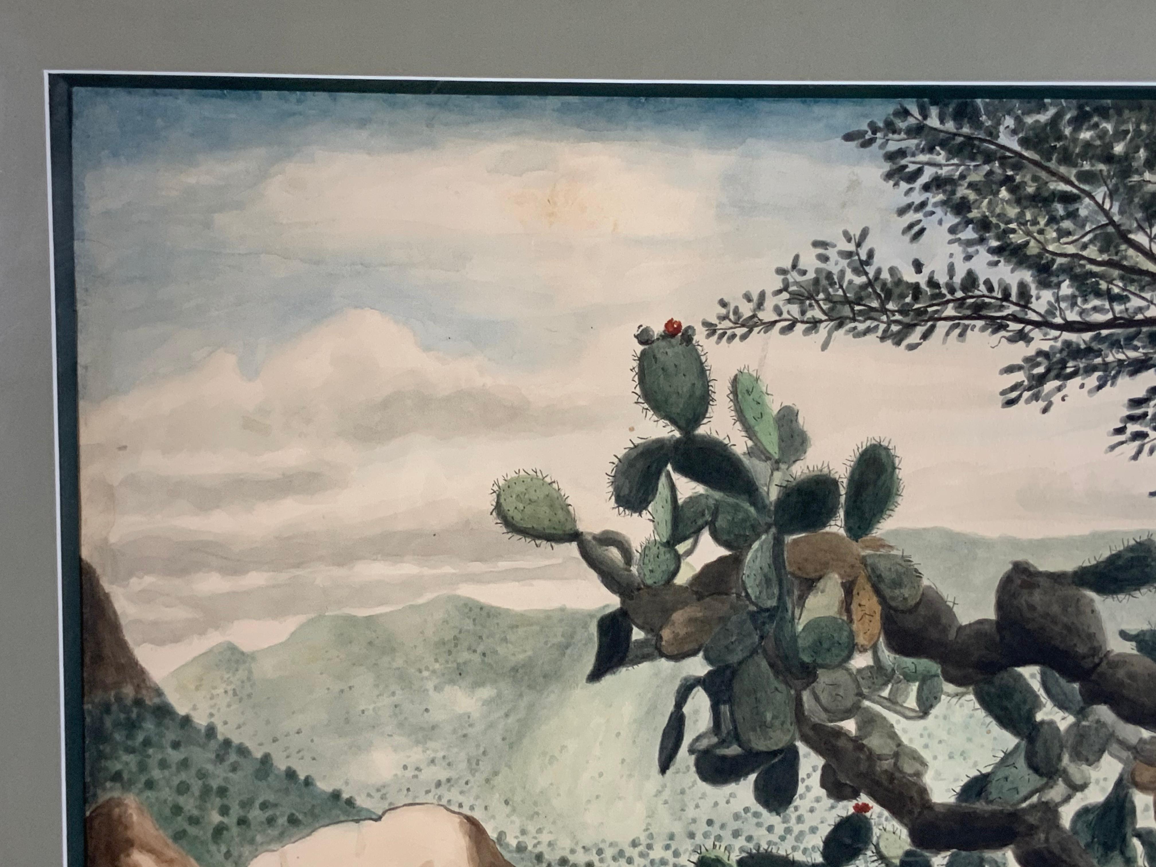 Peint à la main Amador Lugo Guadarrama - Peinture à l'aquarelle - Cactus solitaire sur la montagne en vente