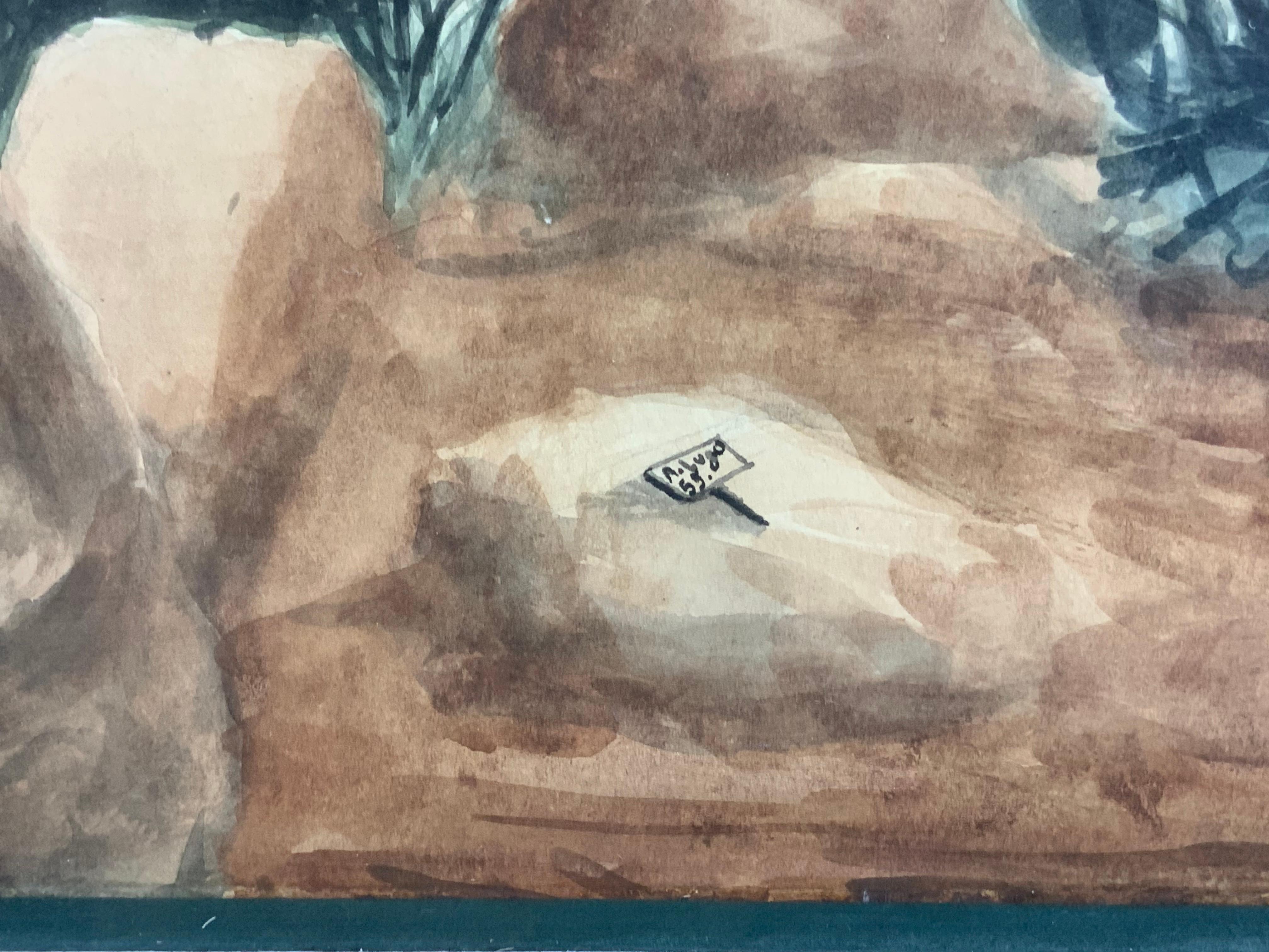 Amador Lugo Guadarrama: Einsamer Kaktus auf dem Berg, Aquarellgemälde im Zustand „Gut“ im Angebot in Delray Beach, FL