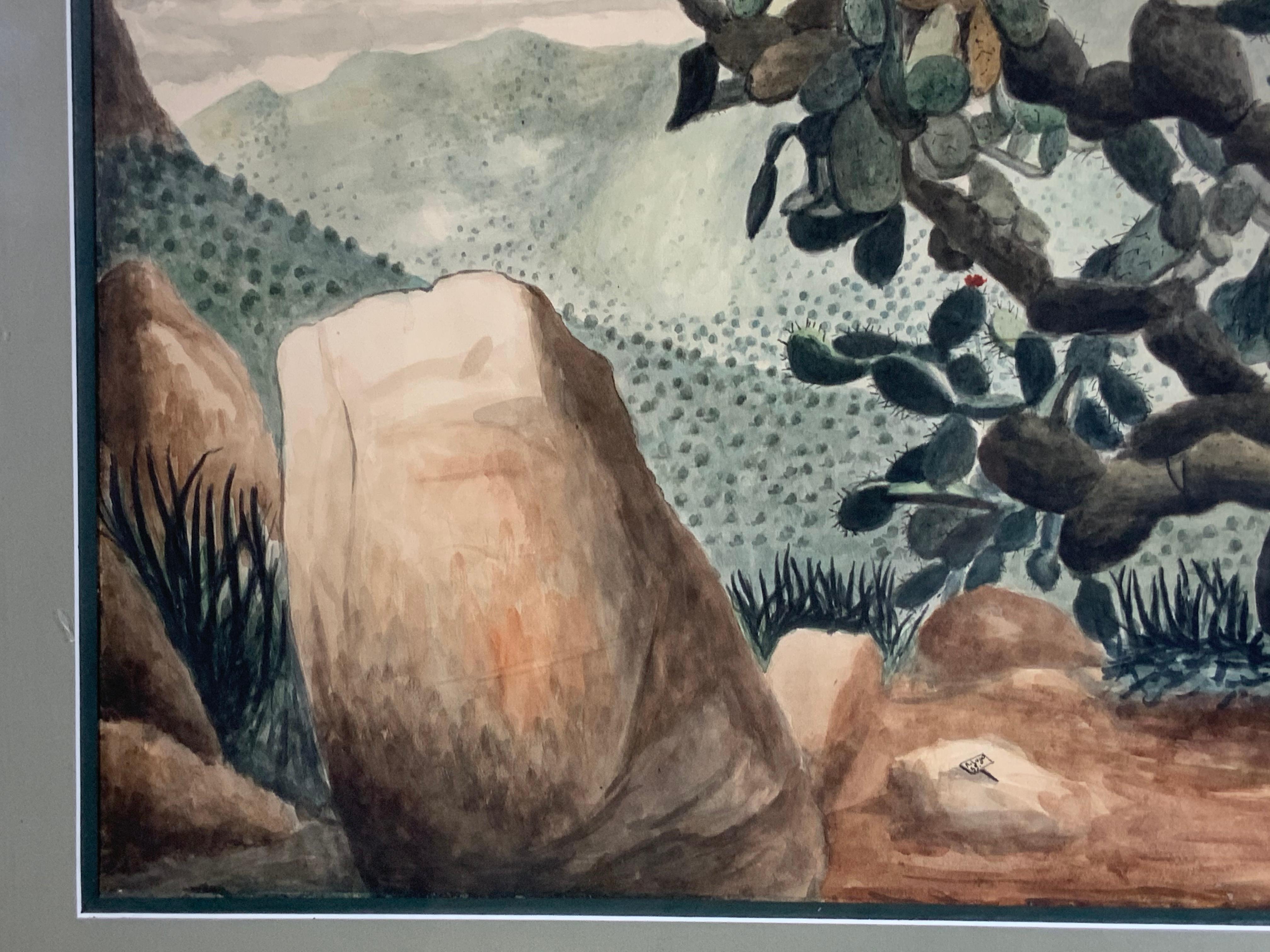 20ième siècle Amador Lugo Guadarrama - Peinture à l'aquarelle - Cactus solitaire sur la montagne en vente
