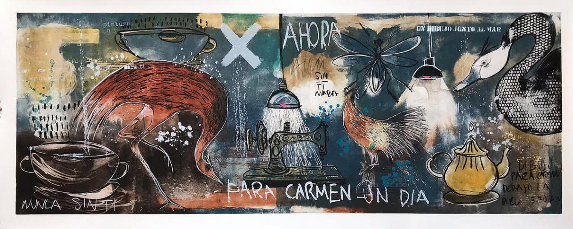 "Bajo la piel I" Grabado mixto grande original xilografía aguafuerte serigrafía mexicana
