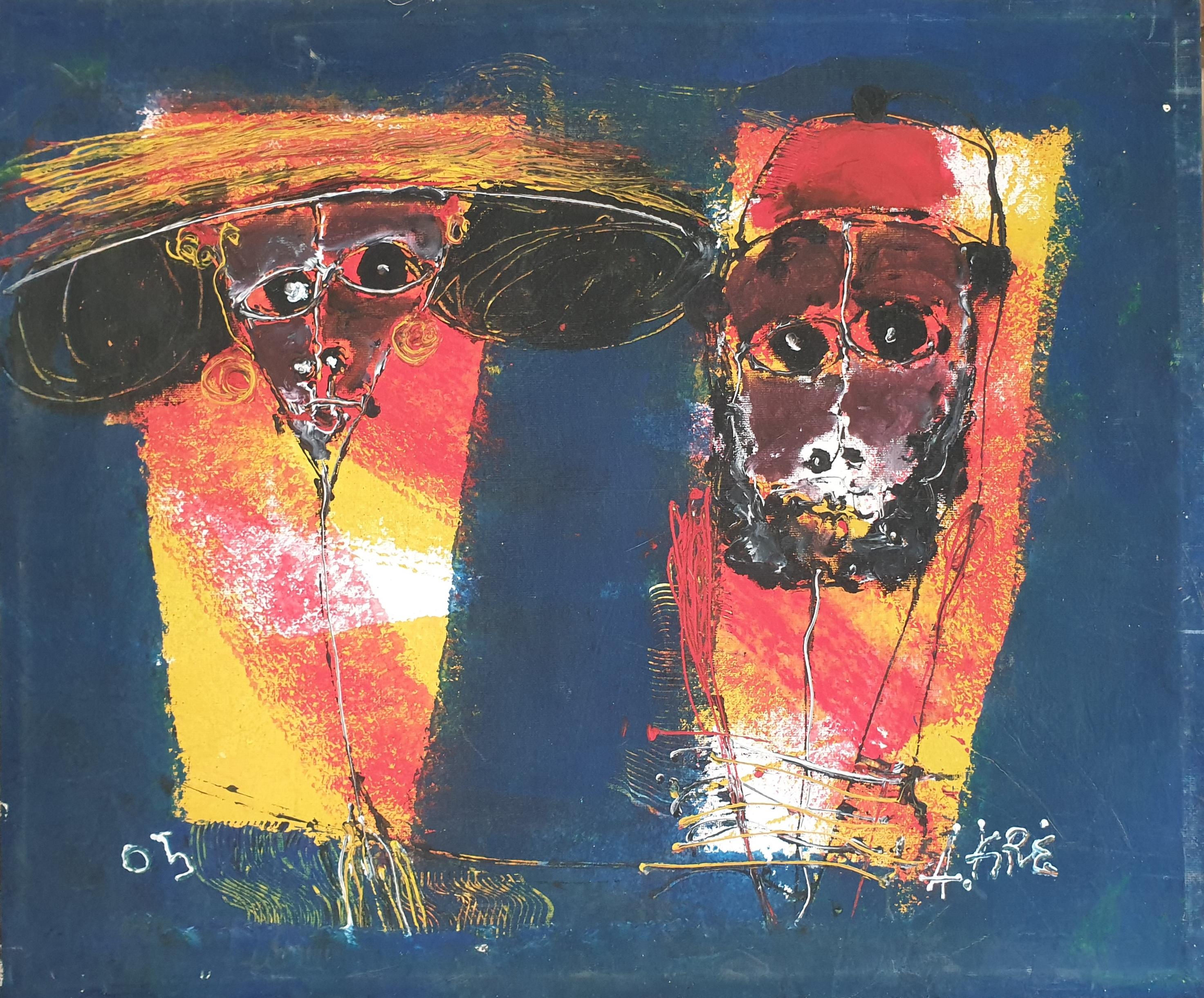 Pareja senegalesa. Pintura acrílica africana de gran colorido sobre lienzo.