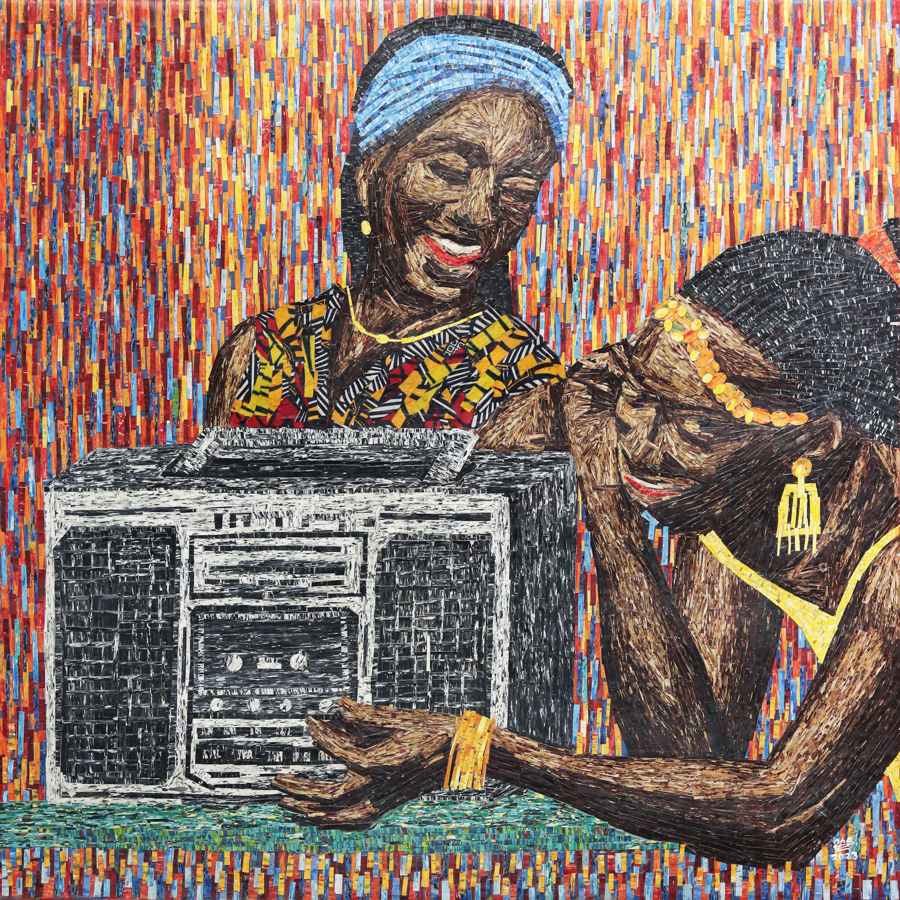 Portrait Painting di Amadou Opa Bathily - Breaking News - Opera d'arte figurativa a tecnica mista su tela, colorata e musicale