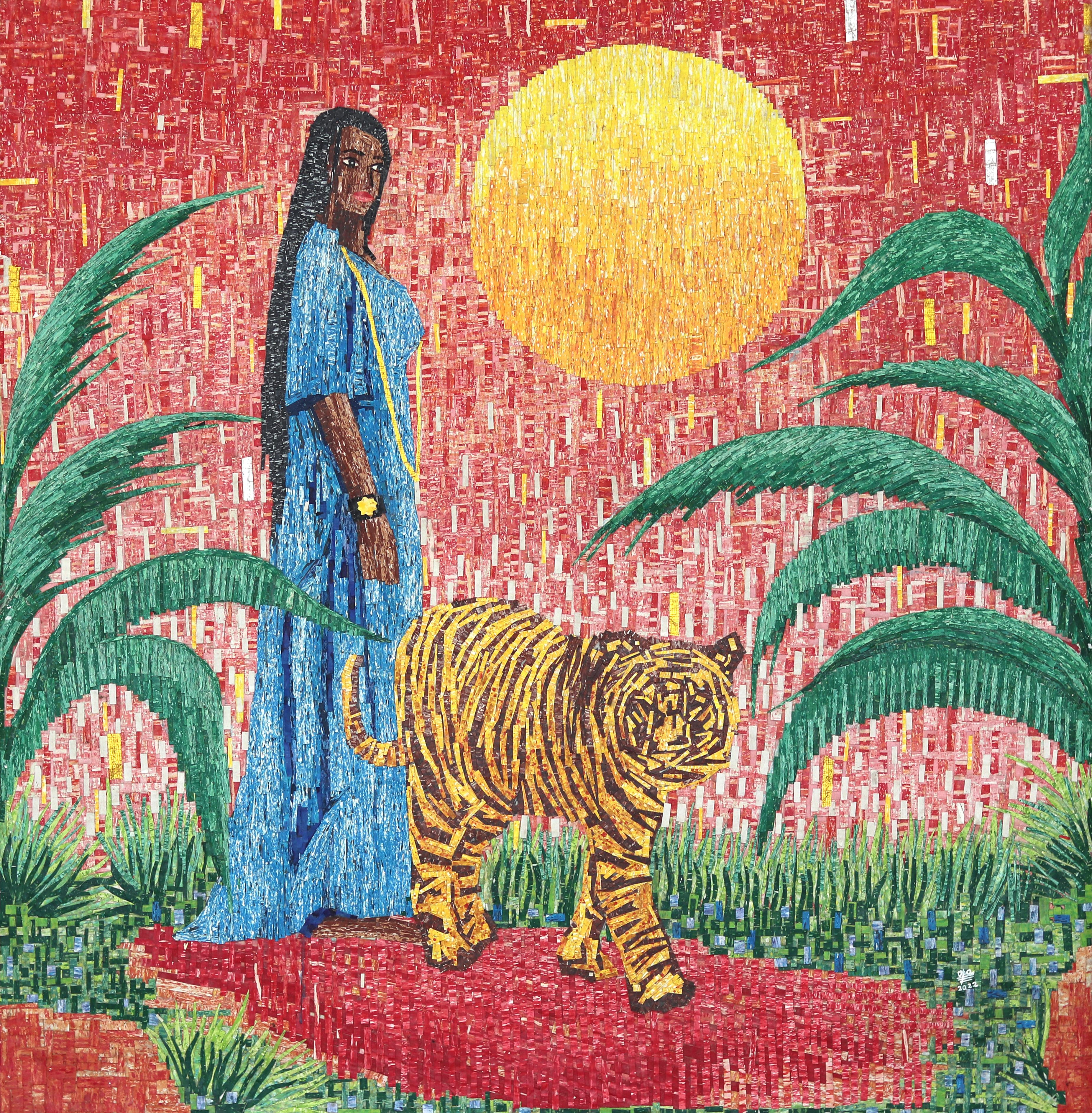 Amadou Opa Bathily Portrait Painting - La Belle Et La Bete - Colorful Figurative Mixed Media Texture Artwork on Canvas