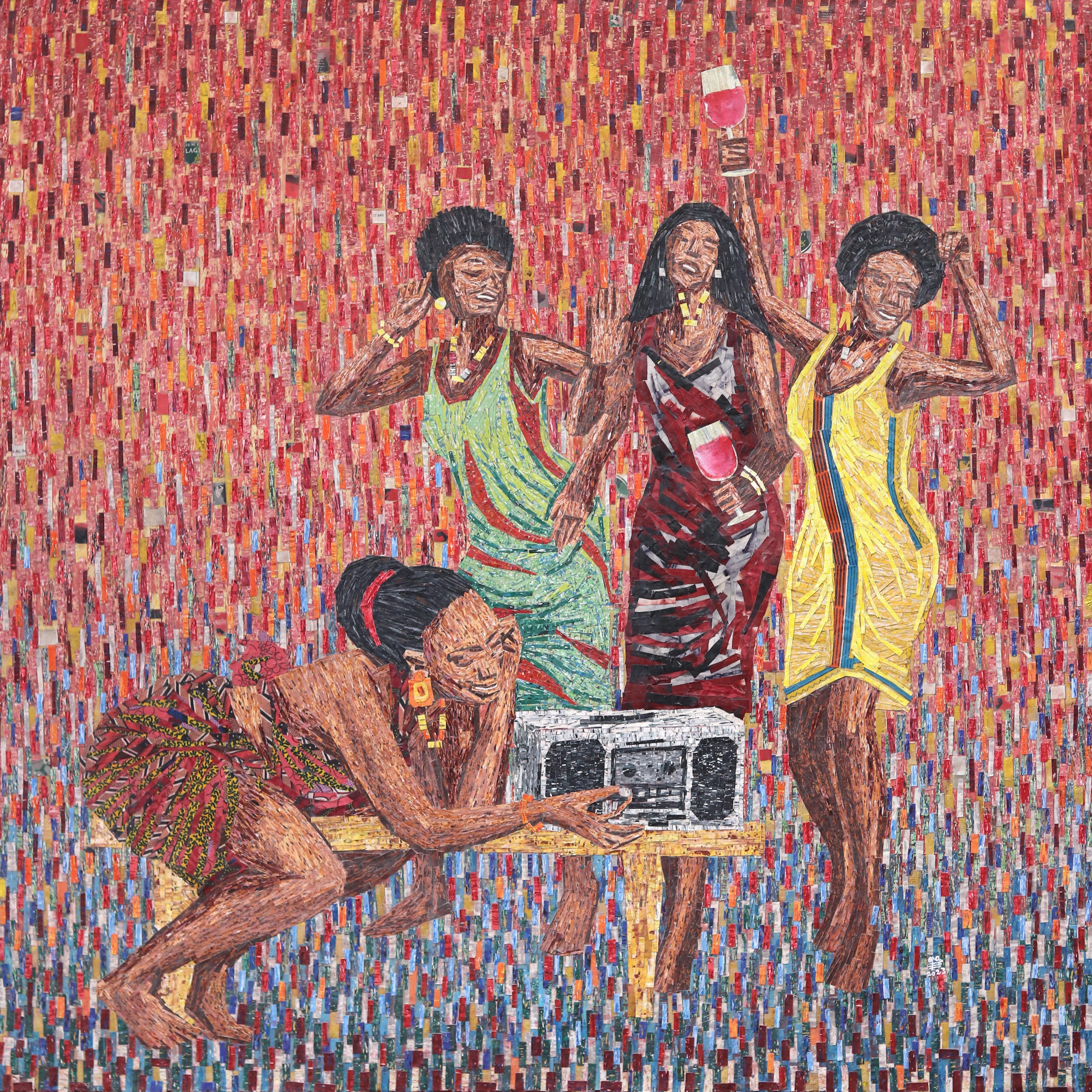 Amadou Opa Bathily Abstract Painting - Le Danse De Moribayassa #1 - Woven Color Drenched Textural Mixed Media Artwork