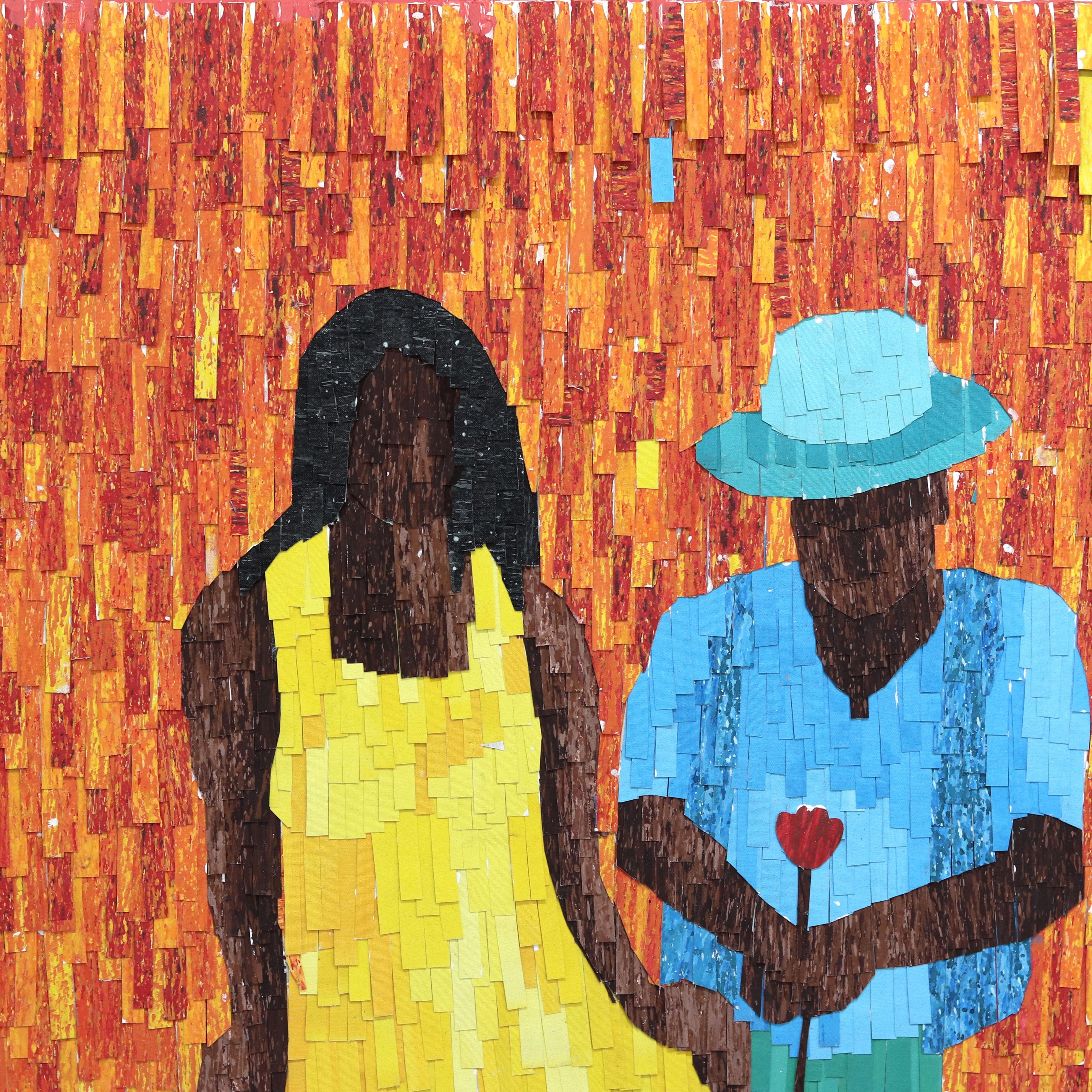 Red Roses - Large Textural Layered Painted Canvas Colorful Figurative Artwork - Contemporary Painting by Amadou Opa Bathily