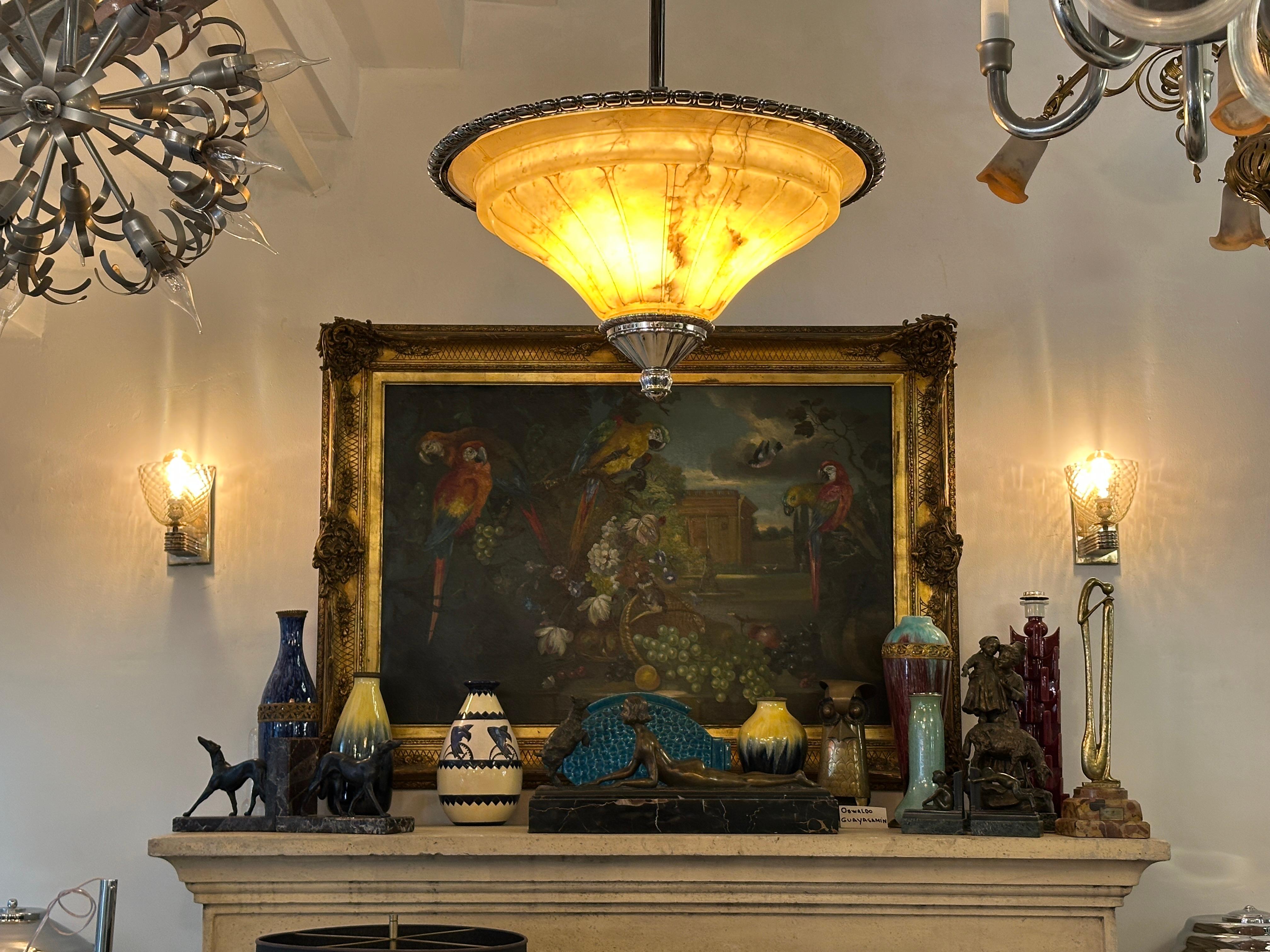 Amaizing Chandelier in Alabaster and silver plated bronze, Art Deco Style, 1920 For Sale 13