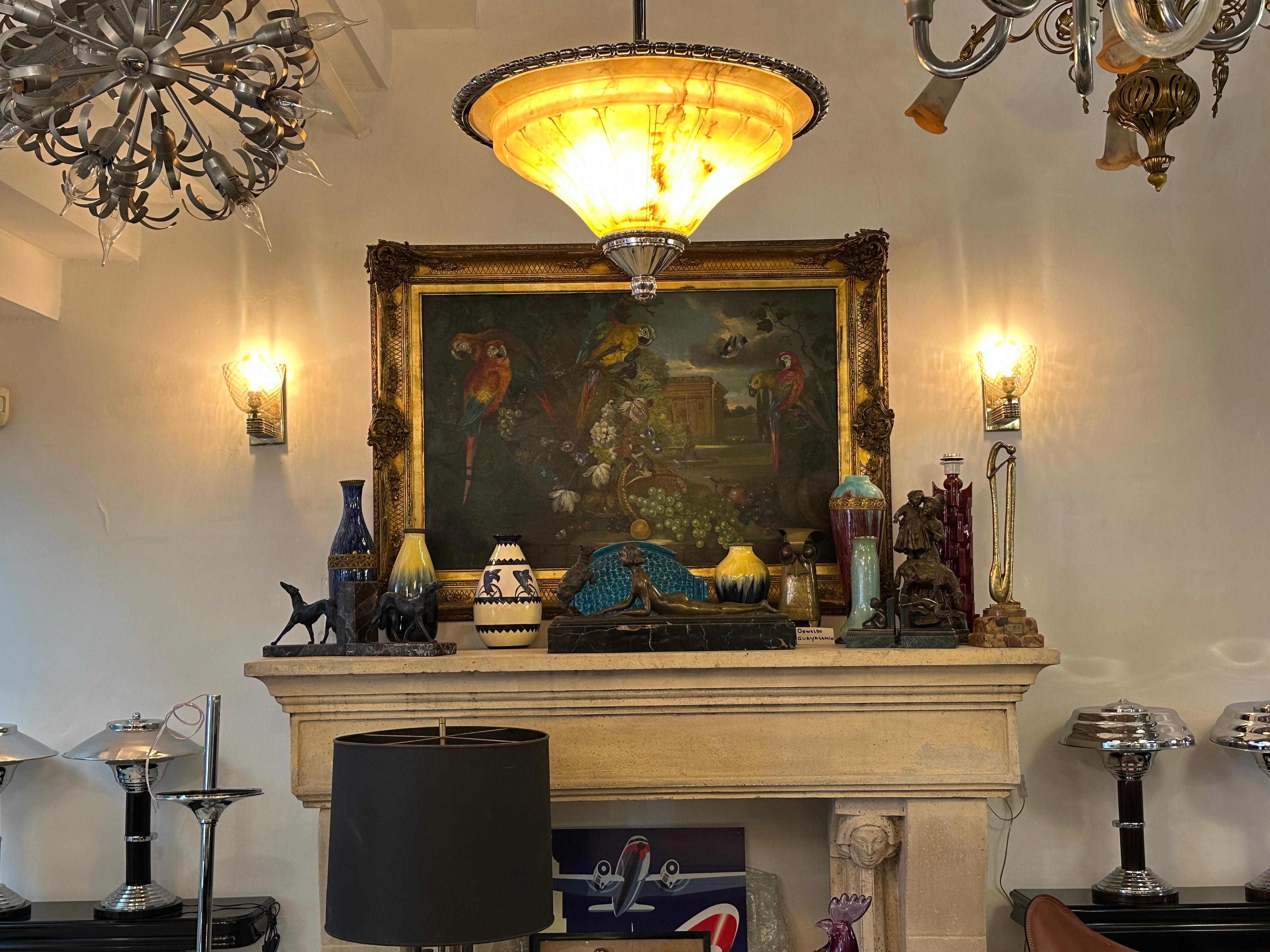 Amaizing Chandelier in Alabaster and silver plated bronze, Art Deco Style, 1920 For Sale 14