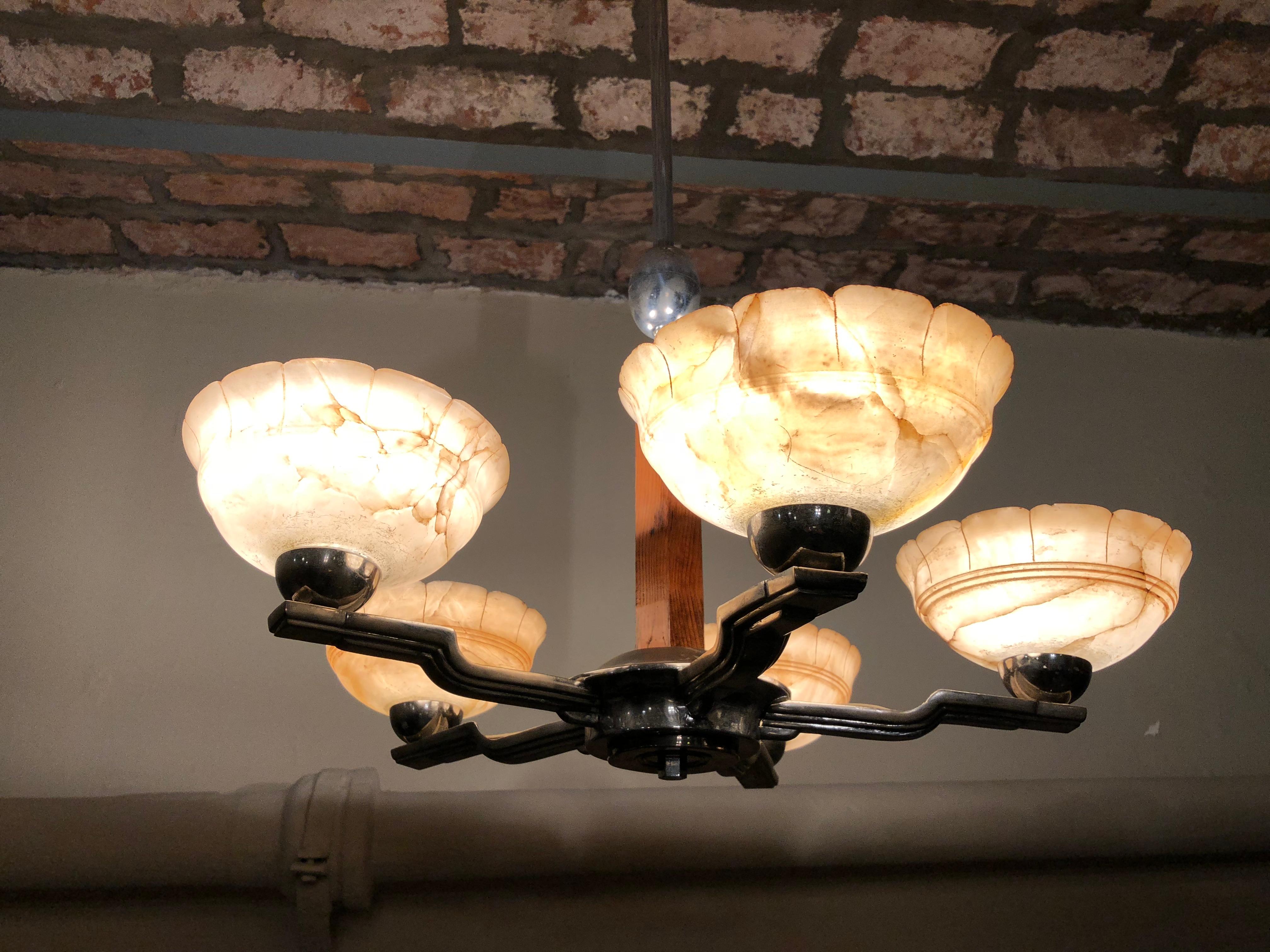 Chrome Amaizing Chandelier in Alabaster, Wood and Chromre, Art Deco Style, 1935 For Sale