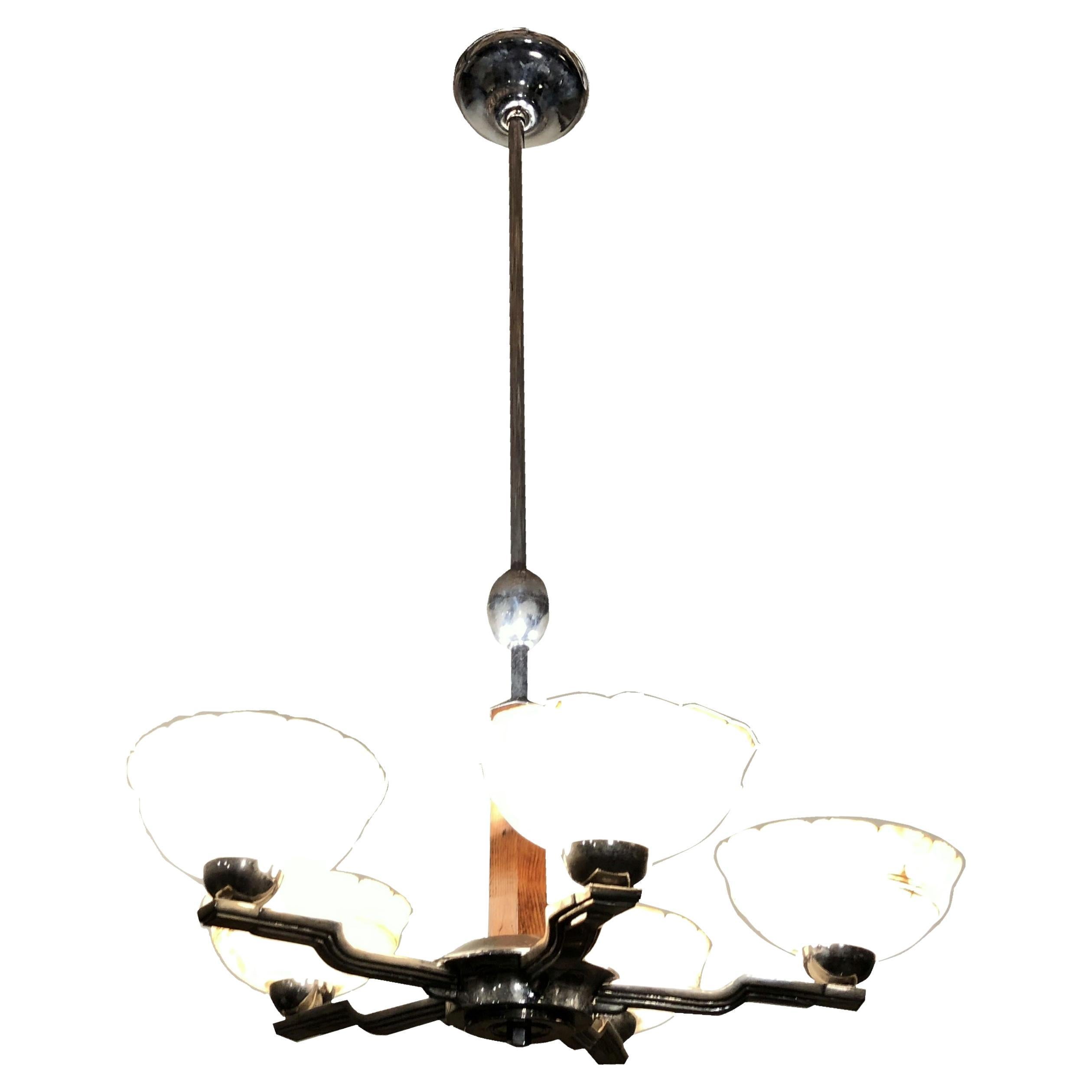 Amaizing Chandelier in Alabaster, Wood and Chromre, Art Deco Style, 1935 For Sale