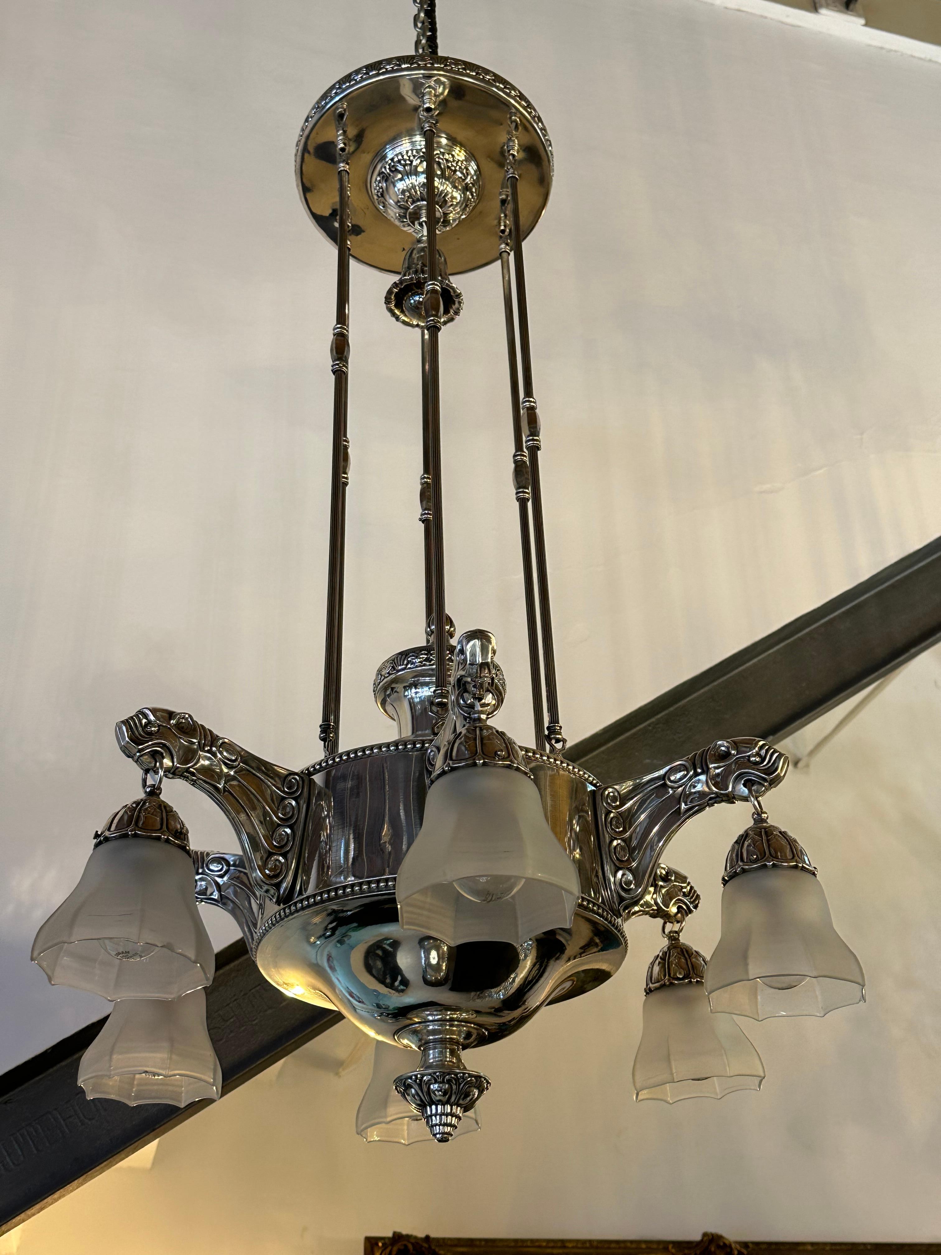 Amaizing Lions Chandelier Viennese Secession, 1900, Silver Plated Bronze  For Sale 8