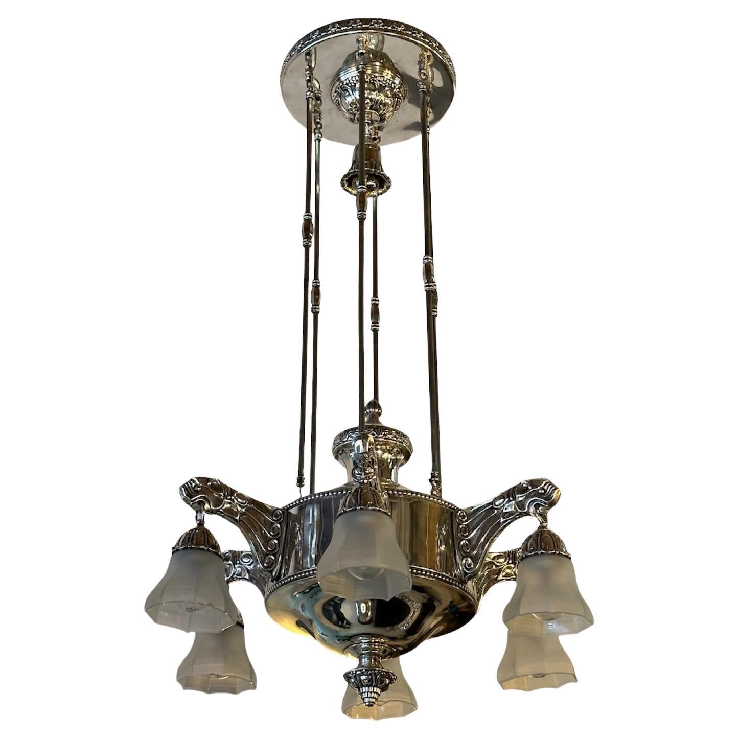 Amaizing Lions Chandelier Viennese Secession, 1900, Silver Plated Bronze  For Sale