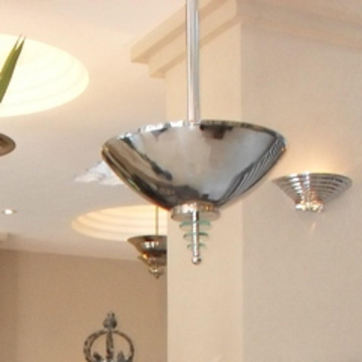 Amaizing Pair of Art Deco Chandeliers in Glass and Chrome, Style, 1935 For Sale 6