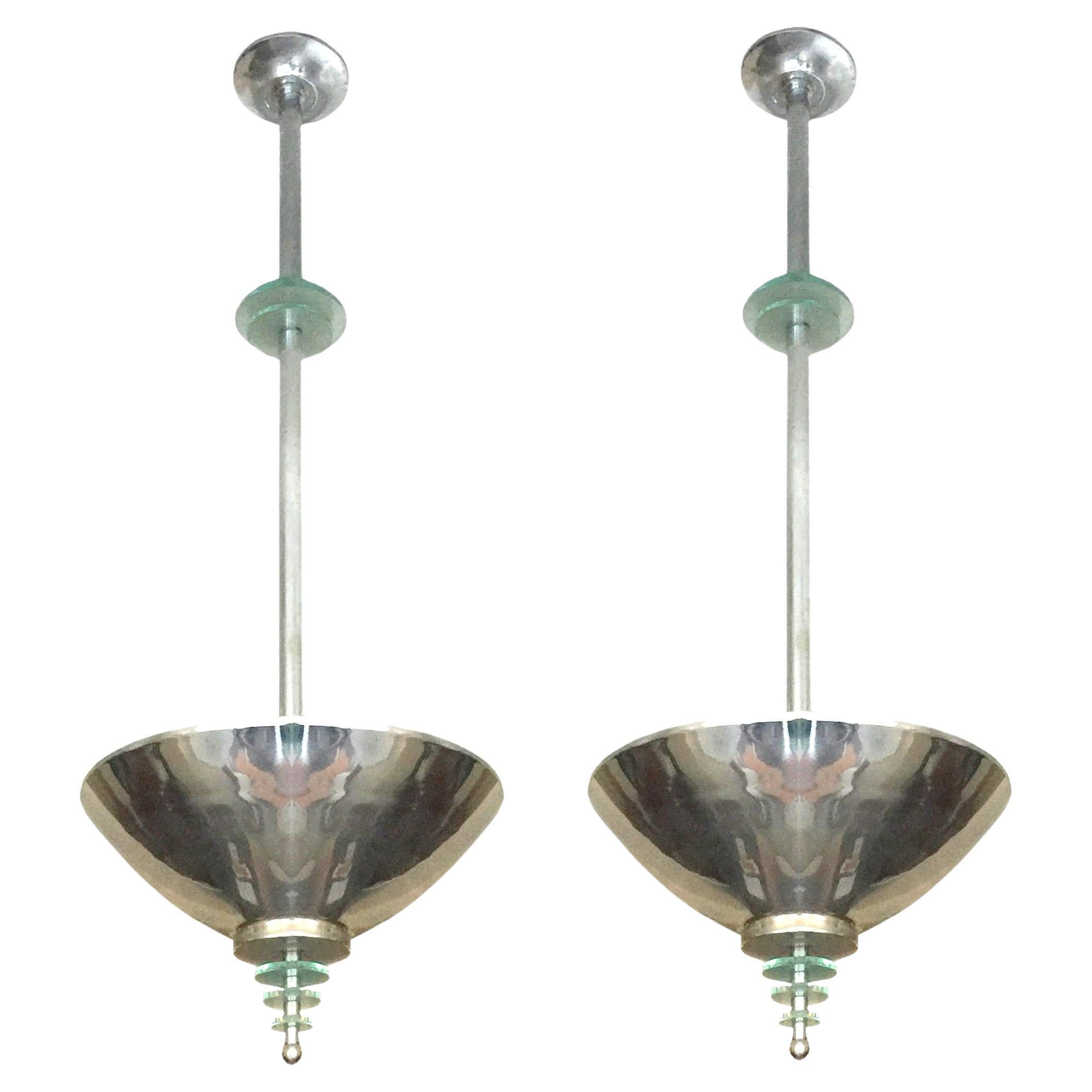 Amaizing Pair of Art Deco Chandeliers in Glass and Chrome, Style, 1935 For Sale