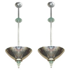 Vintage Amaizing Pair of Art Deco Chandeliers in Glass and Chrome, Style, 1935