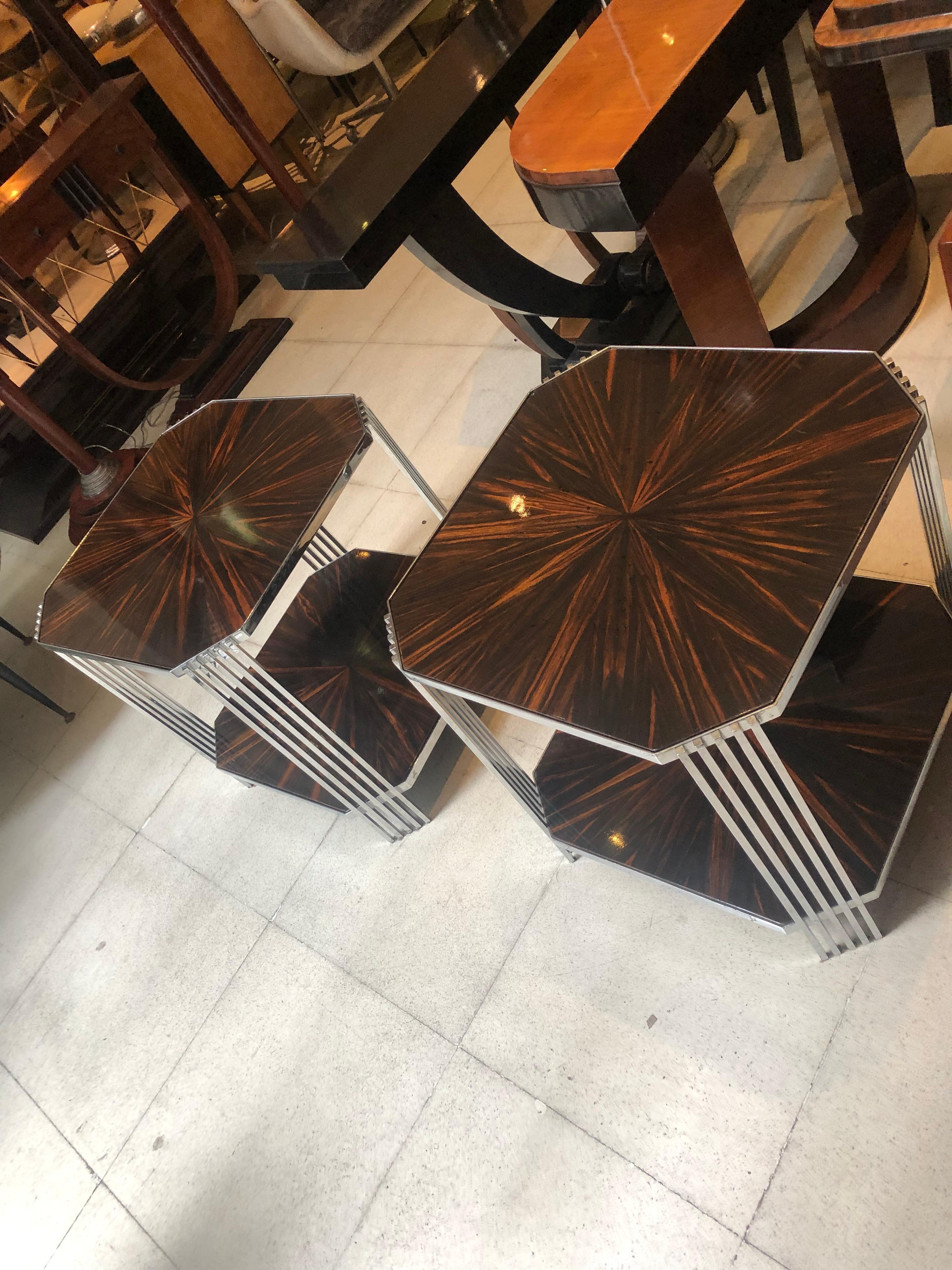 Amaizing Pair of Tables, in Wood and Chrome, France, 1950 For Sale 5
