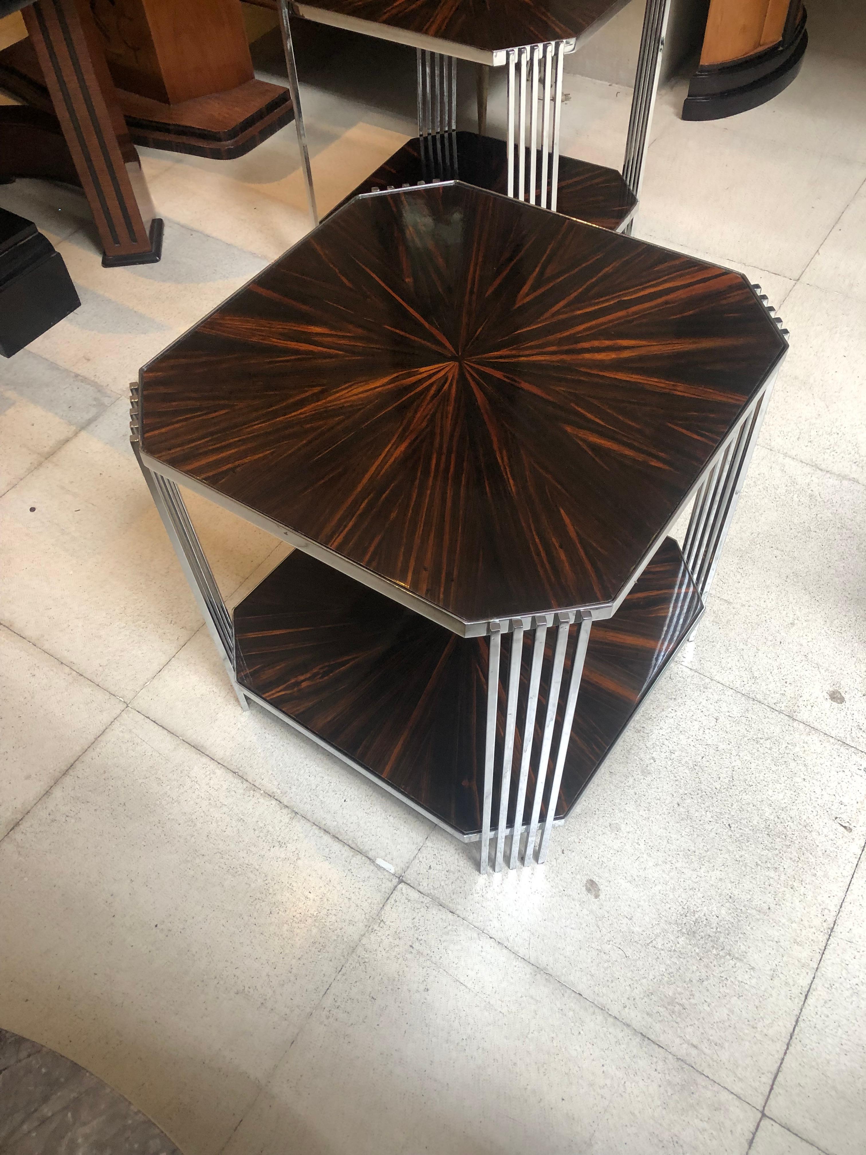 Amaizing Pair of Tables, in Wood and Chrome, France, 1950 For Sale 7