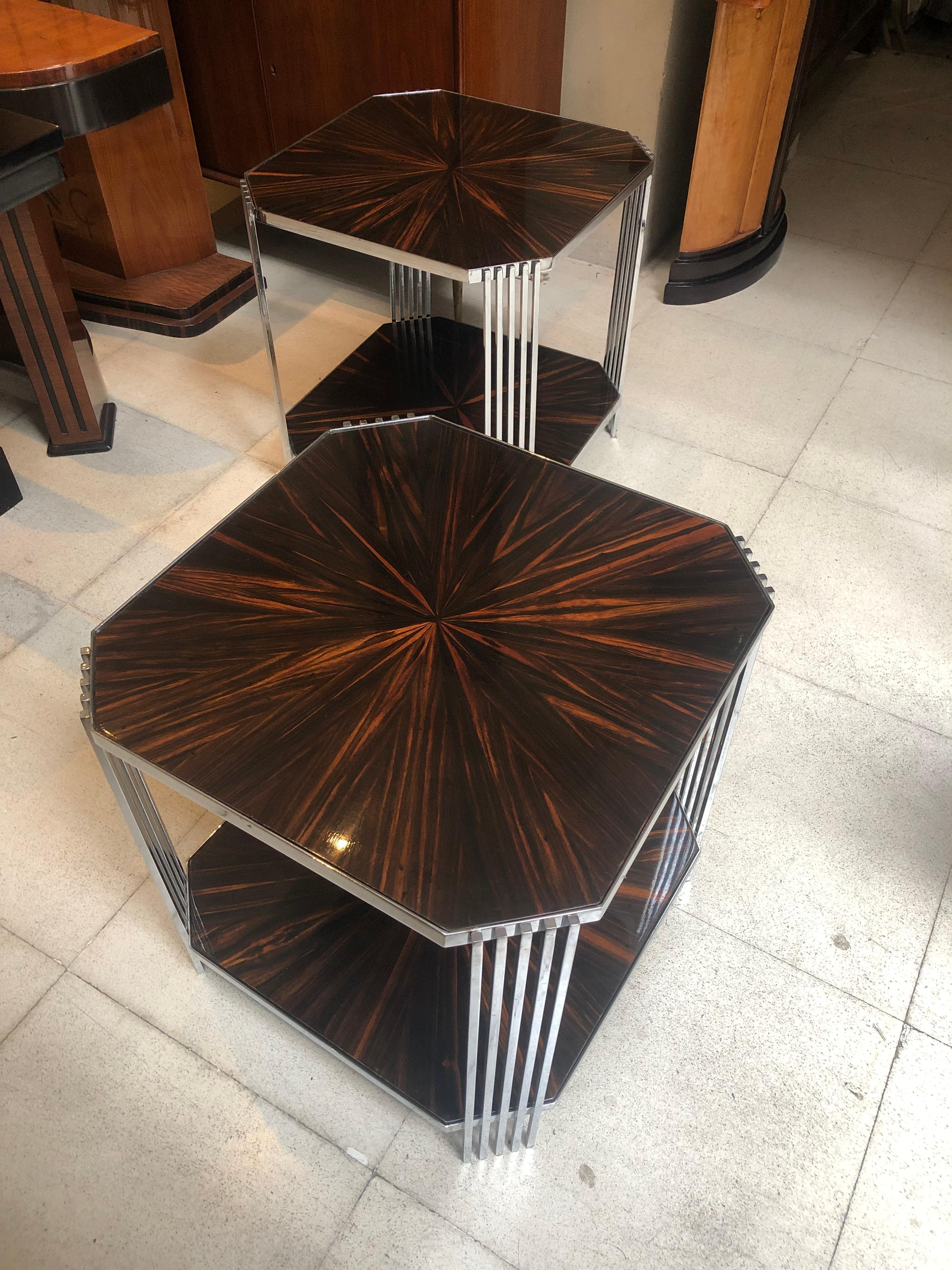 Amaizing Pair of Tables, in Wood and Chrome, France, 1950 For Sale 9