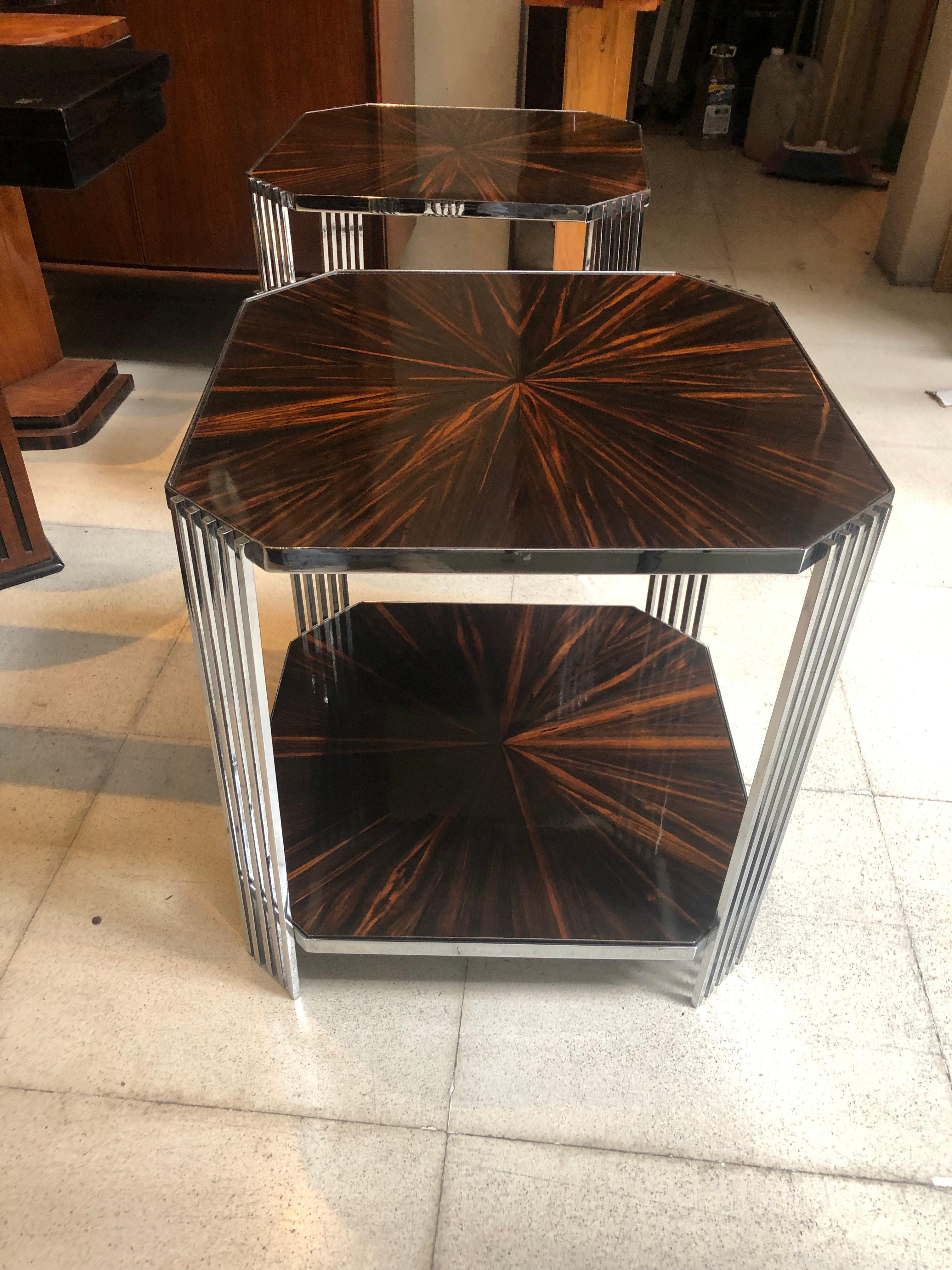 French Amaizing Pair of Tables, in Wood and Chrome, France, 1950 For Sale