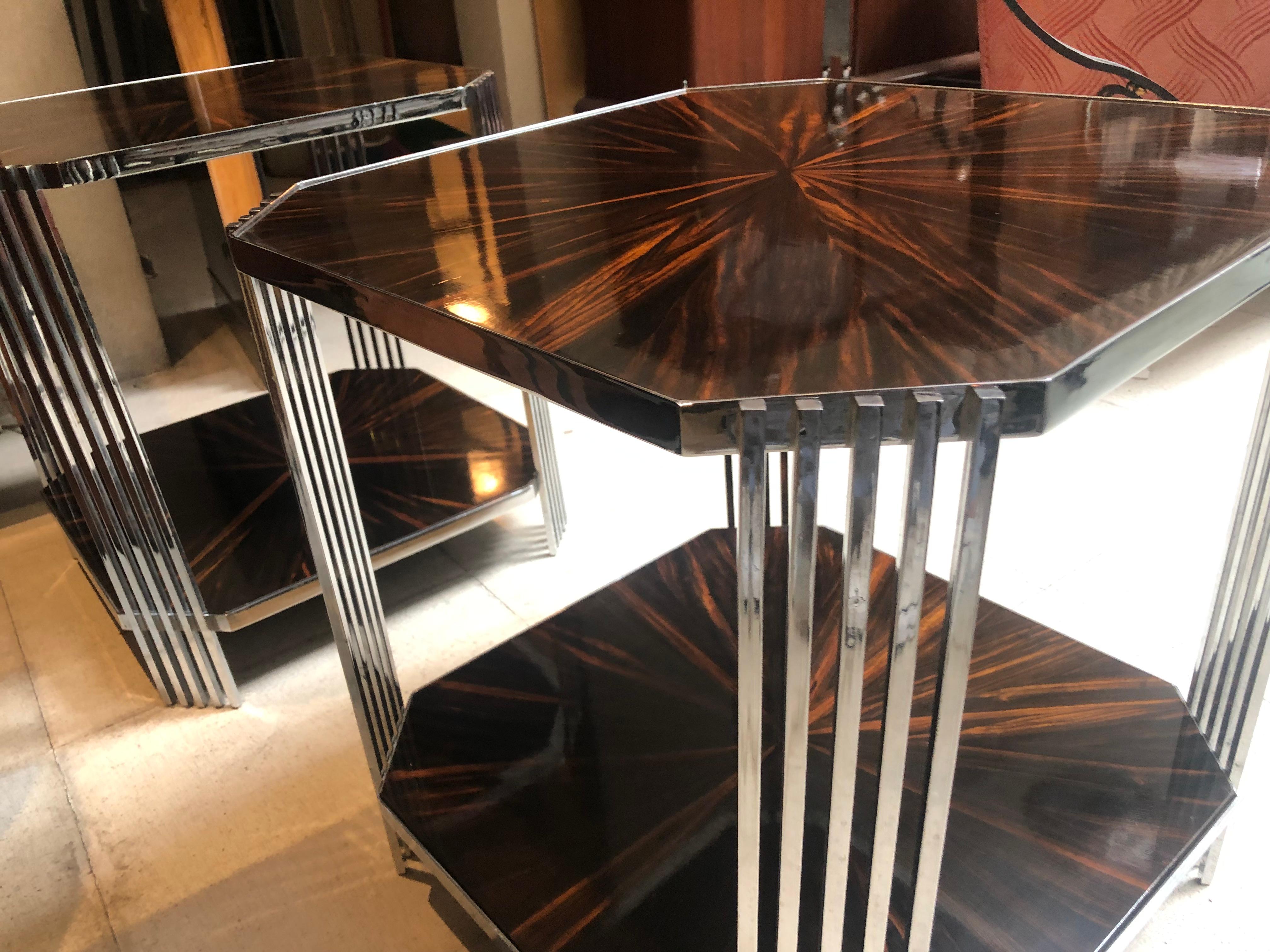 Amaizing Pair of Tables, in Wood and Chrome, France, 1950 For Sale 3