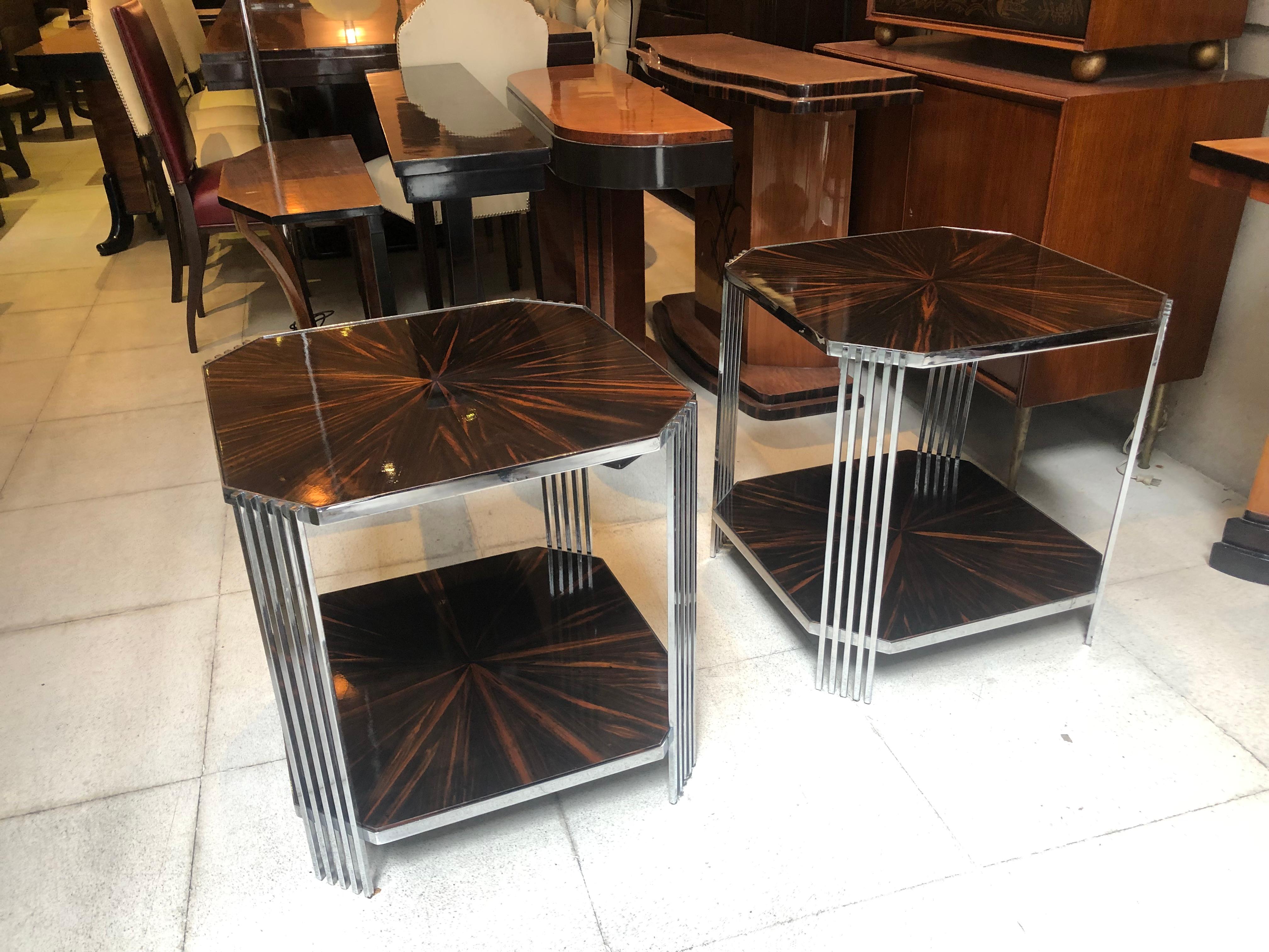 Amaizing Pair of Tables, in Wood and Chrome, France, 1950 For Sale 4
