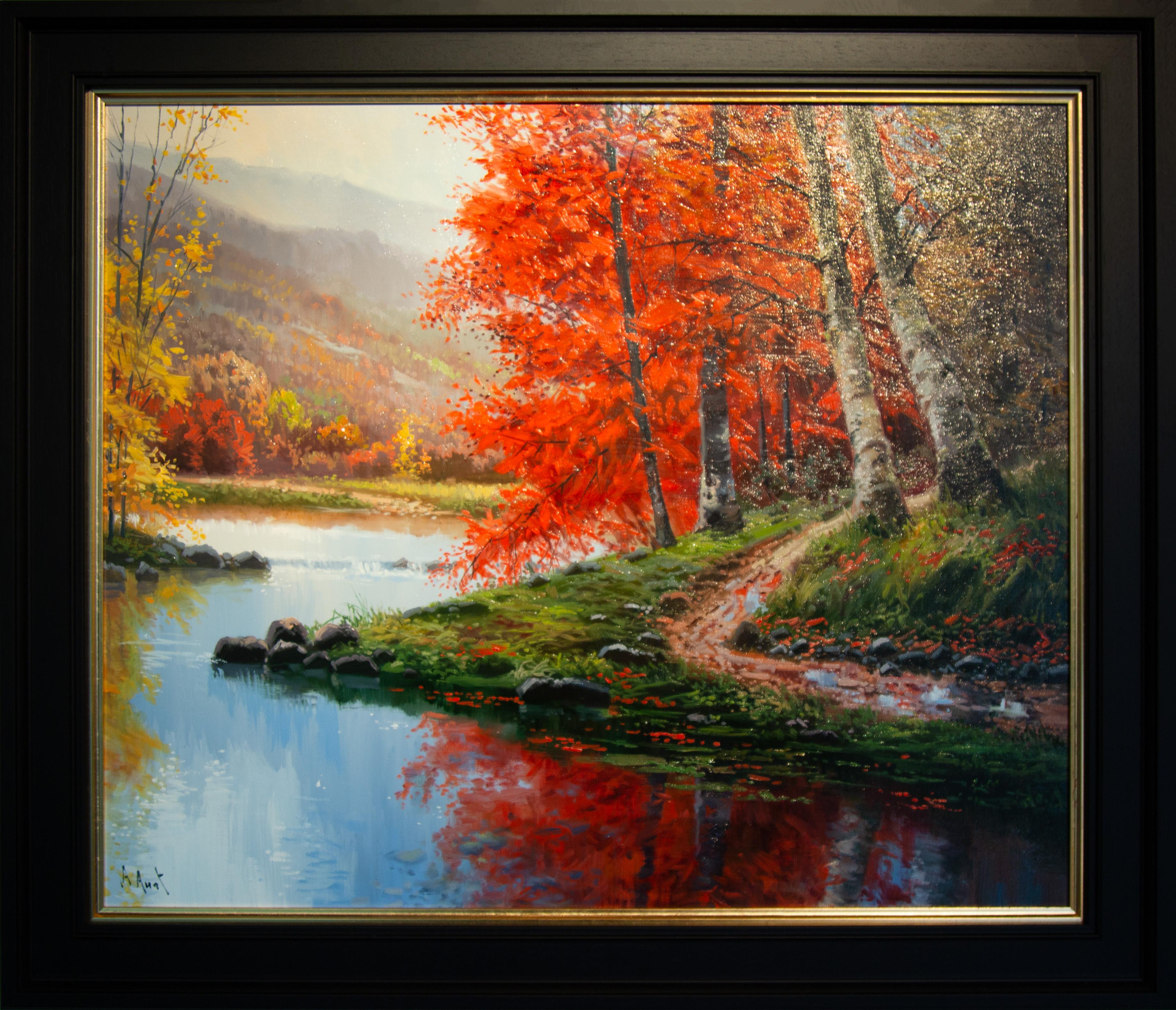 Landscape Painting Amal Amatt - A Winter Walk" Peinture impressionniste contemporaine représentant des bois, des arbres, une rivière et du rouge.
