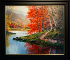 A Winter Walk" Peinture impressionniste contemporaine représentant des bois, des arbres, une rivière et du rouge.