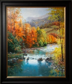 'Autumn Gold' Contemporary landscape painting of yellow trees and path