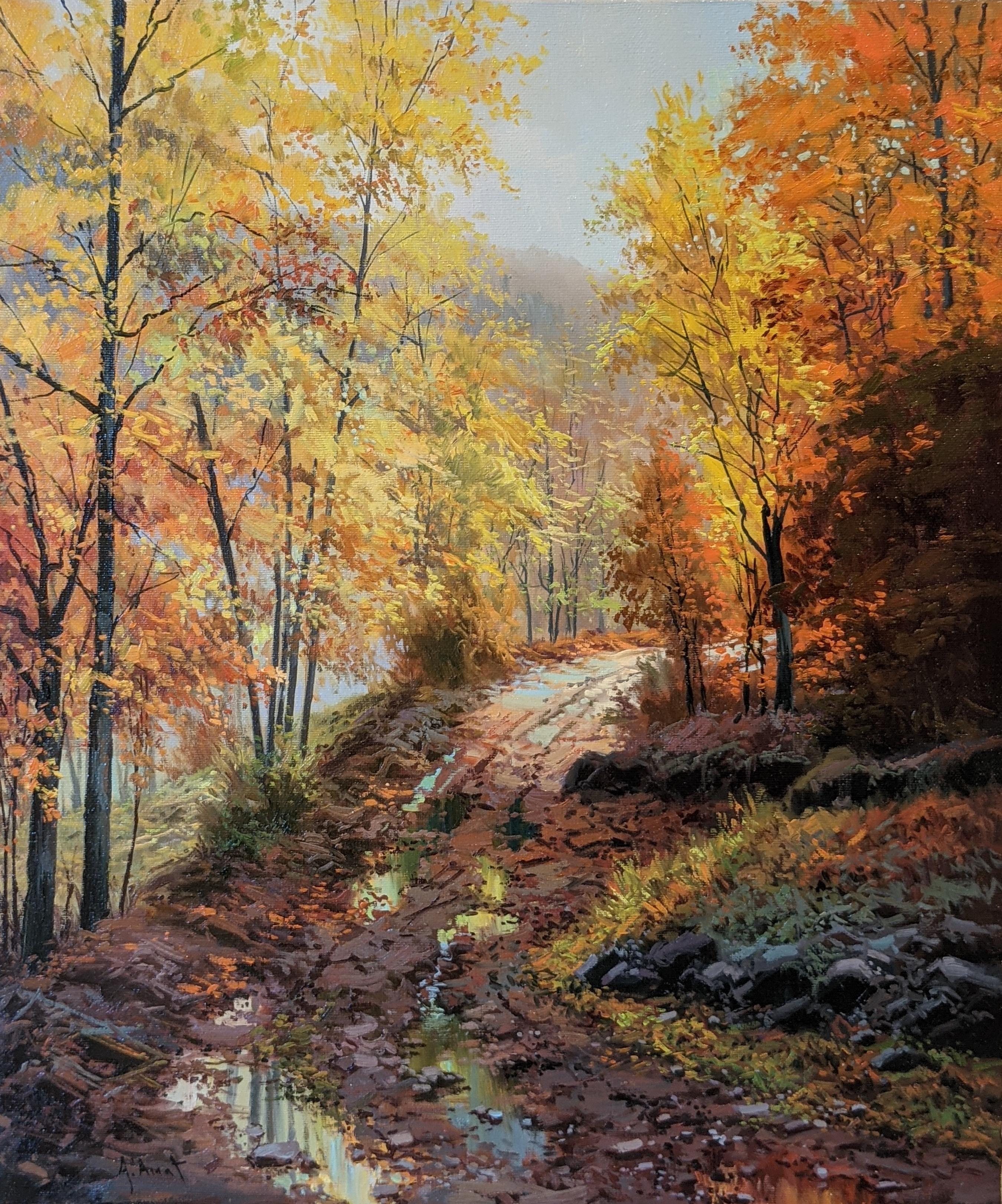 'Autumn in the Woods' Contemporary landscape painting of yellow trees and path - Painting by Amal Amatt