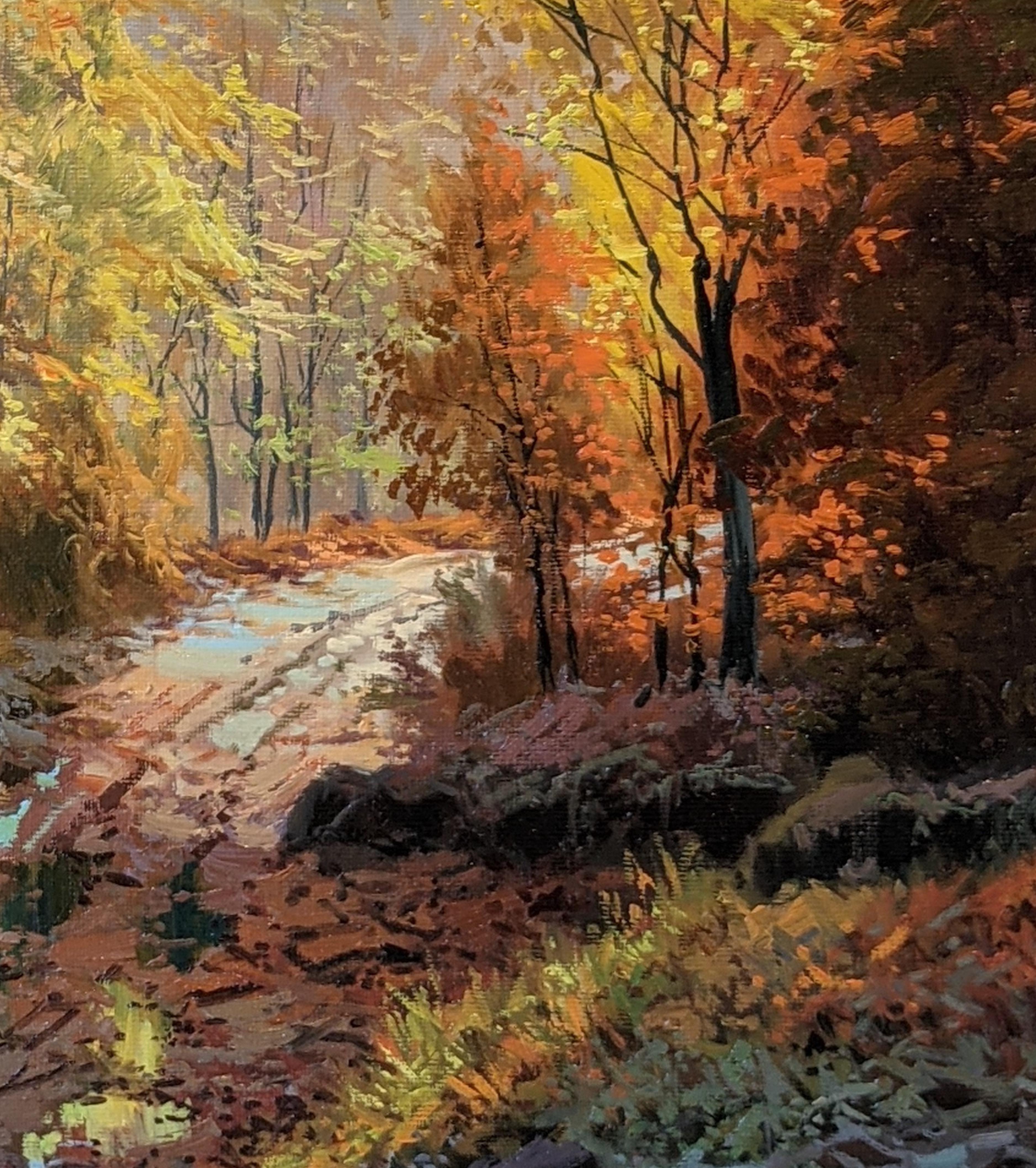 « Autumn in the Woods », peinture de paysage contemporaine d'arbres jaunes et de chemins - Contemporain Painting par Amal Amatt