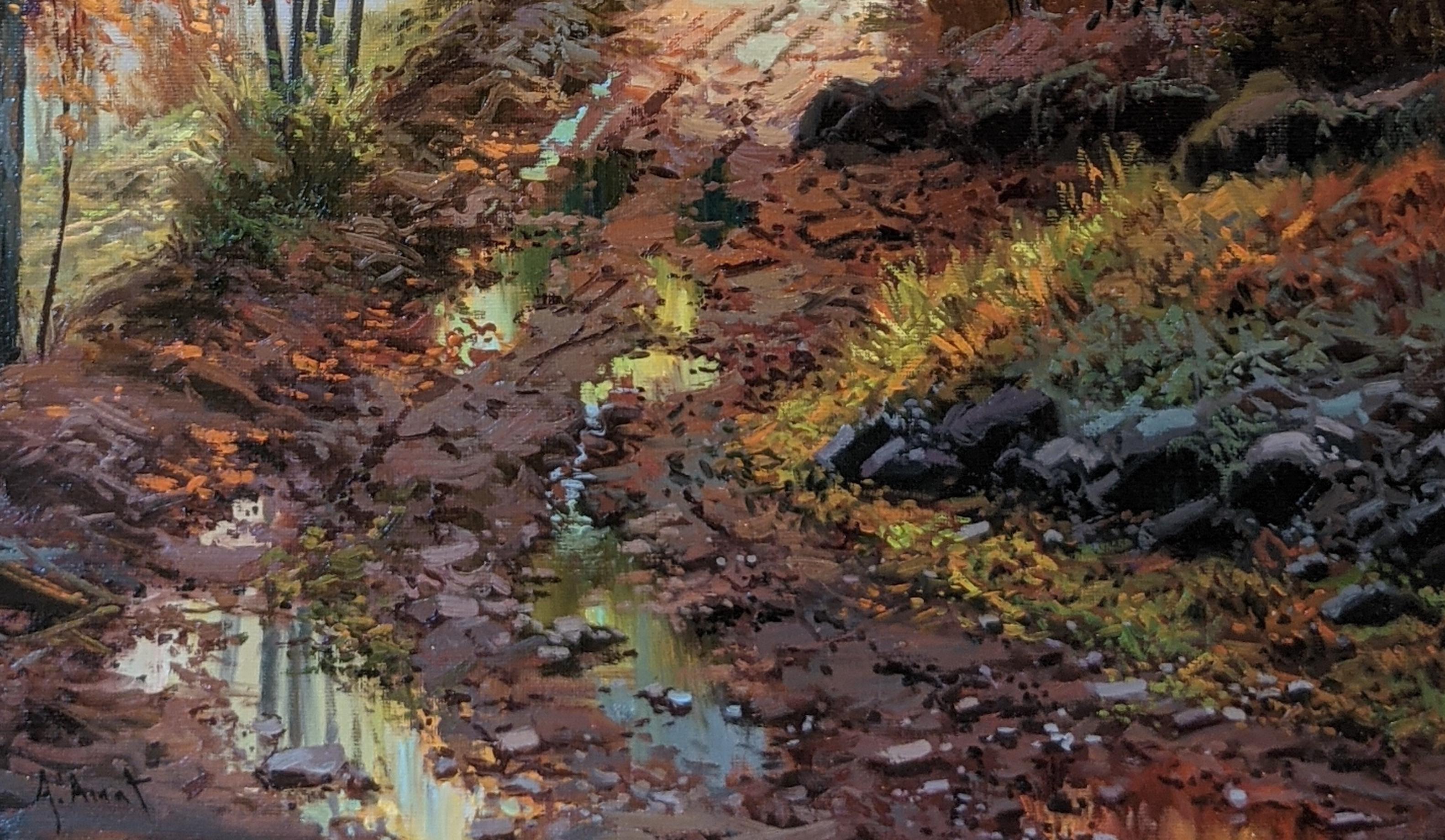 « Autumn in the Woods », peinture de paysage contemporaine d'arbres jaunes et de chemins - Jaune Landscape Painting par Amal Amatt