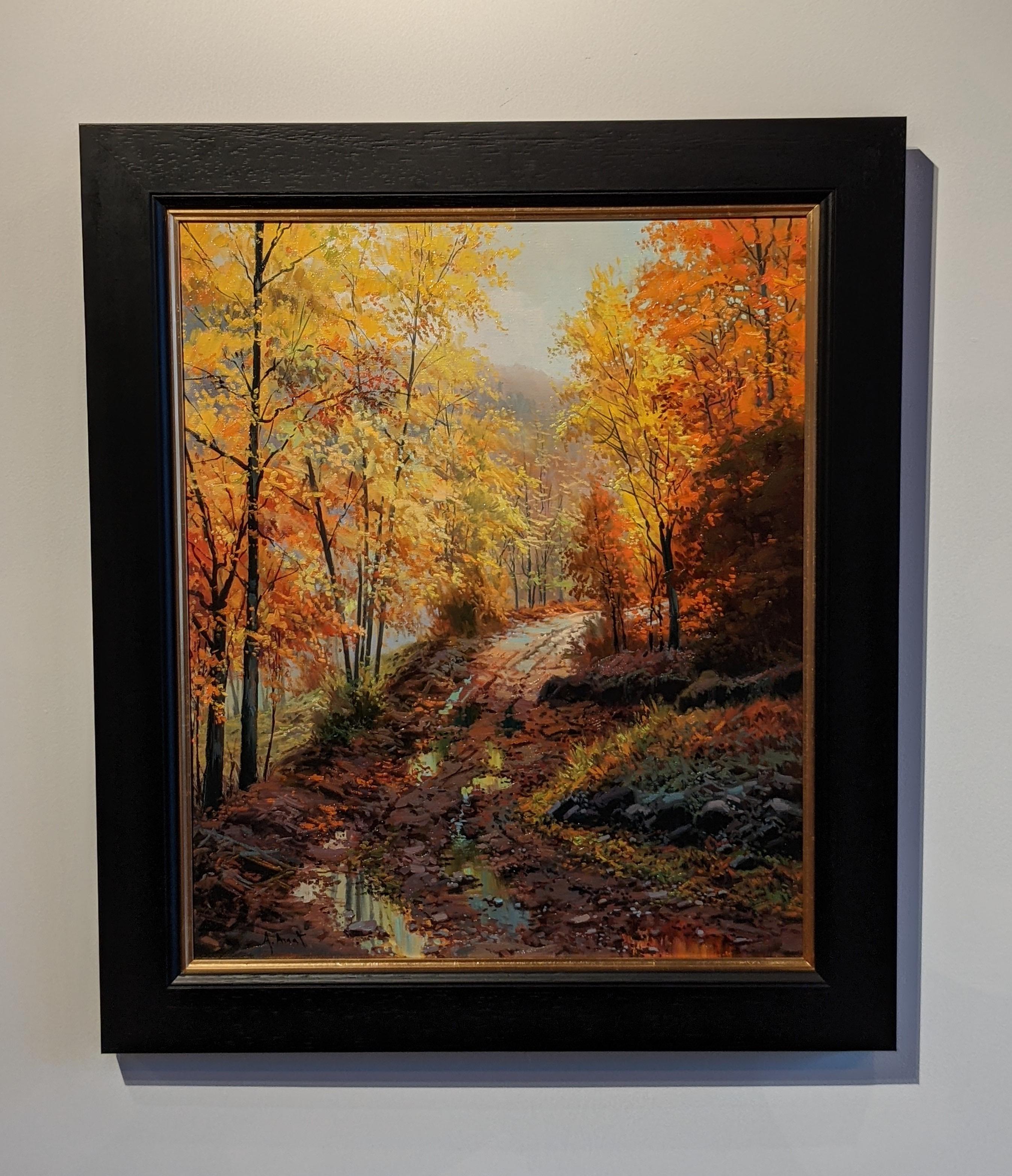 Landscape Painting Amal Amatt - « Autumn in the Woods », peinture de paysage contemporaine d'arbres jaunes et de chemins