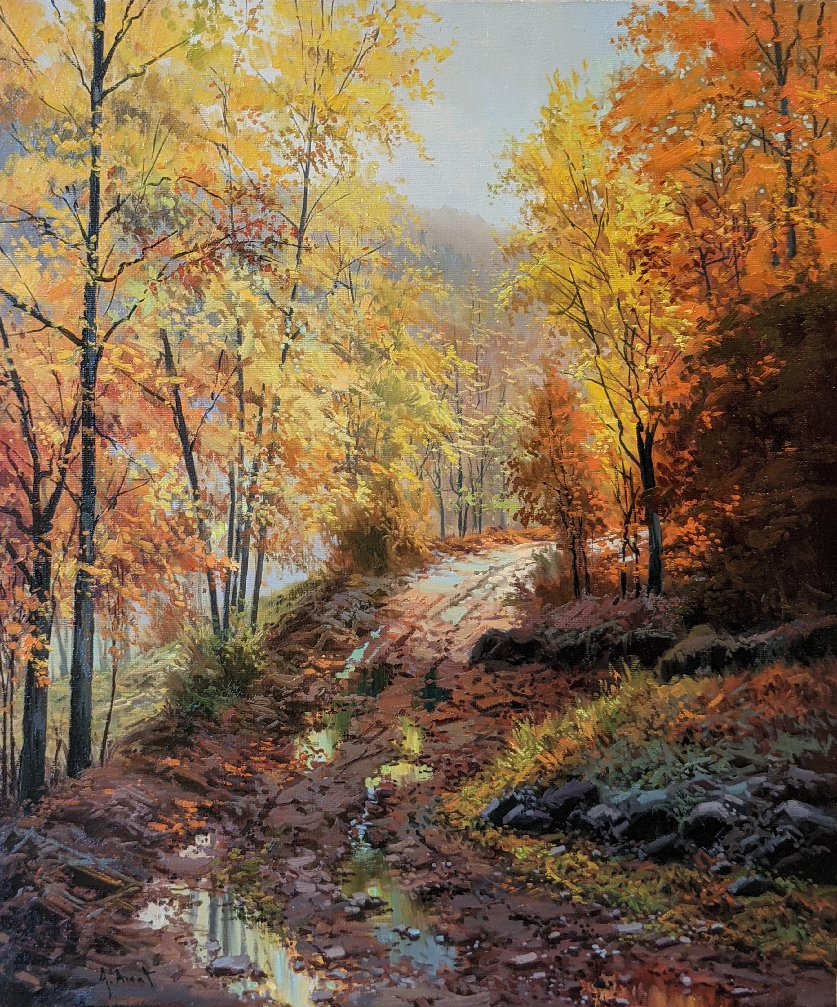 „Herbst im Wald“ – AM Contemporary Landschaftsgemälde mit gelben Bäumen und einem Weg
