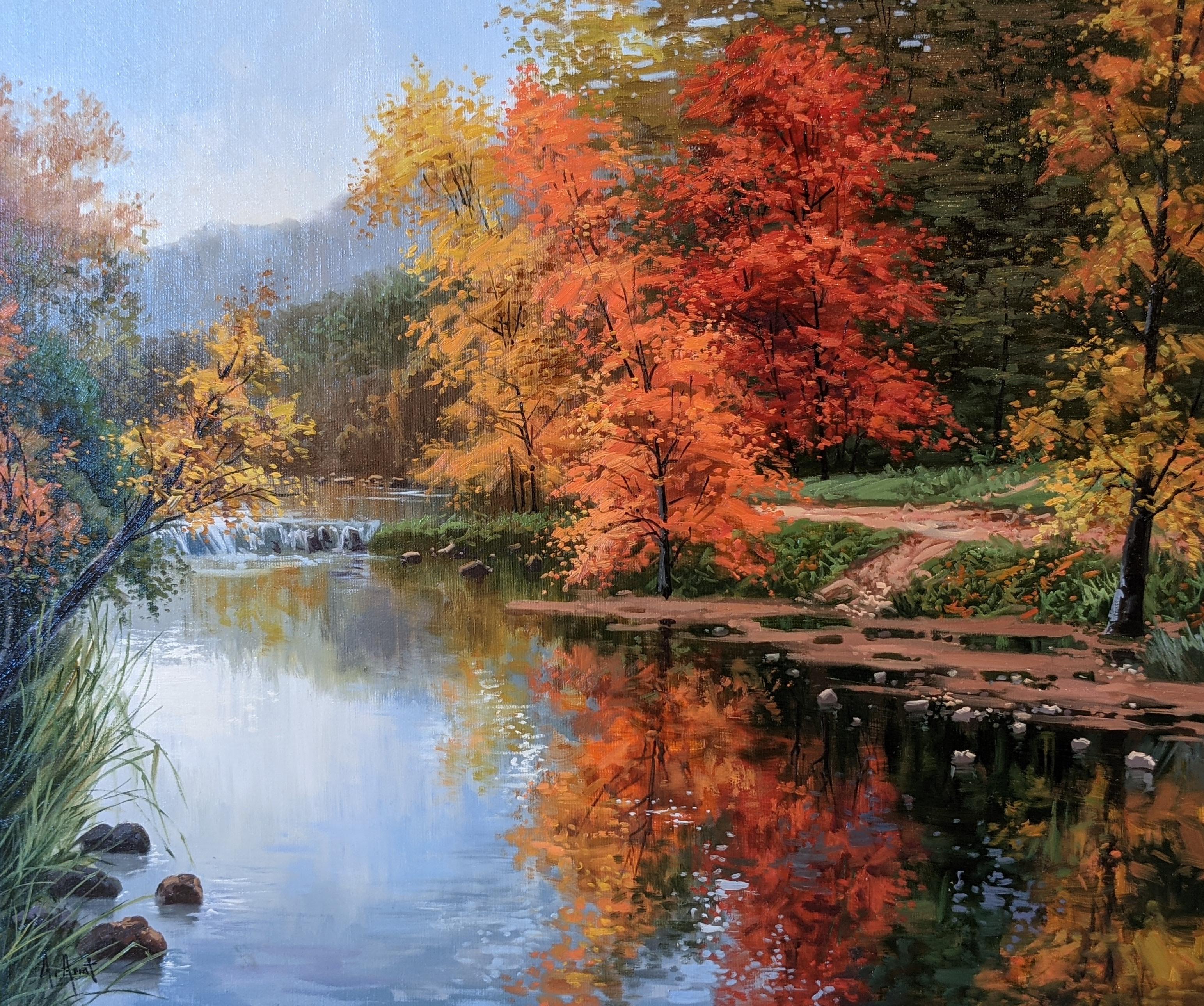 'Tarde otoñal' Rojo Pintura paisajista contemporánea de un río y árboles - Painting de Amal Amatt