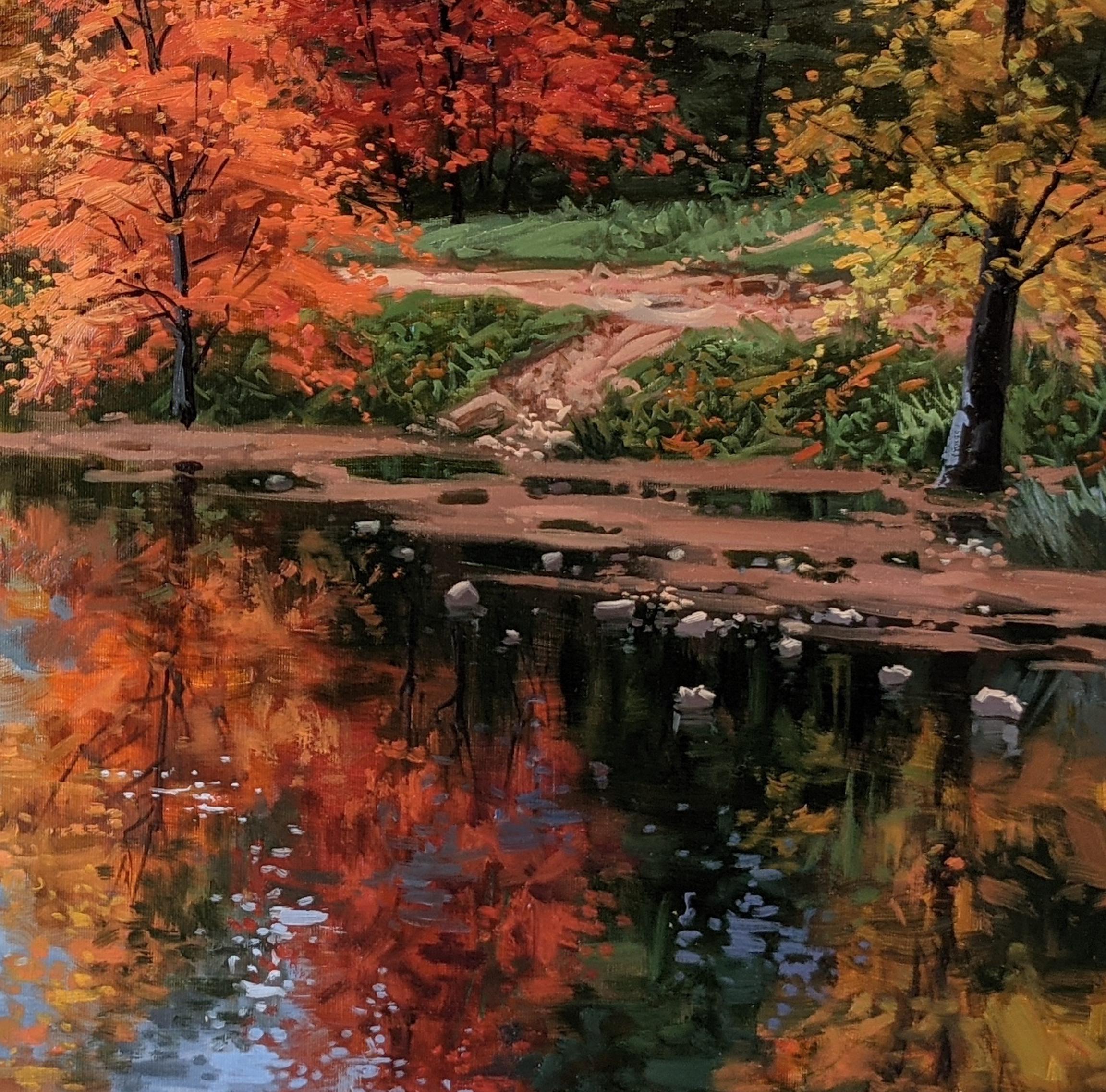 Peinture de paysage contemporaine rouge d'une rivière et d'arbres « Autumnal Afternoon » - Contemporain Painting par Amal Amatt