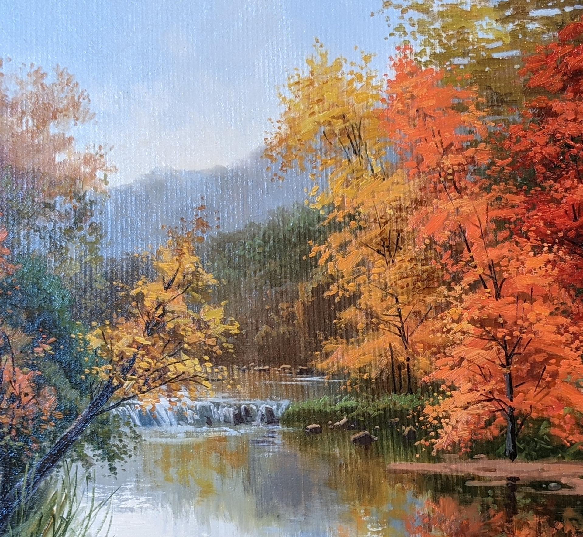 'Autumnal Afternoon' Red Contemporary landscape painting of a river and trees For Sale 1