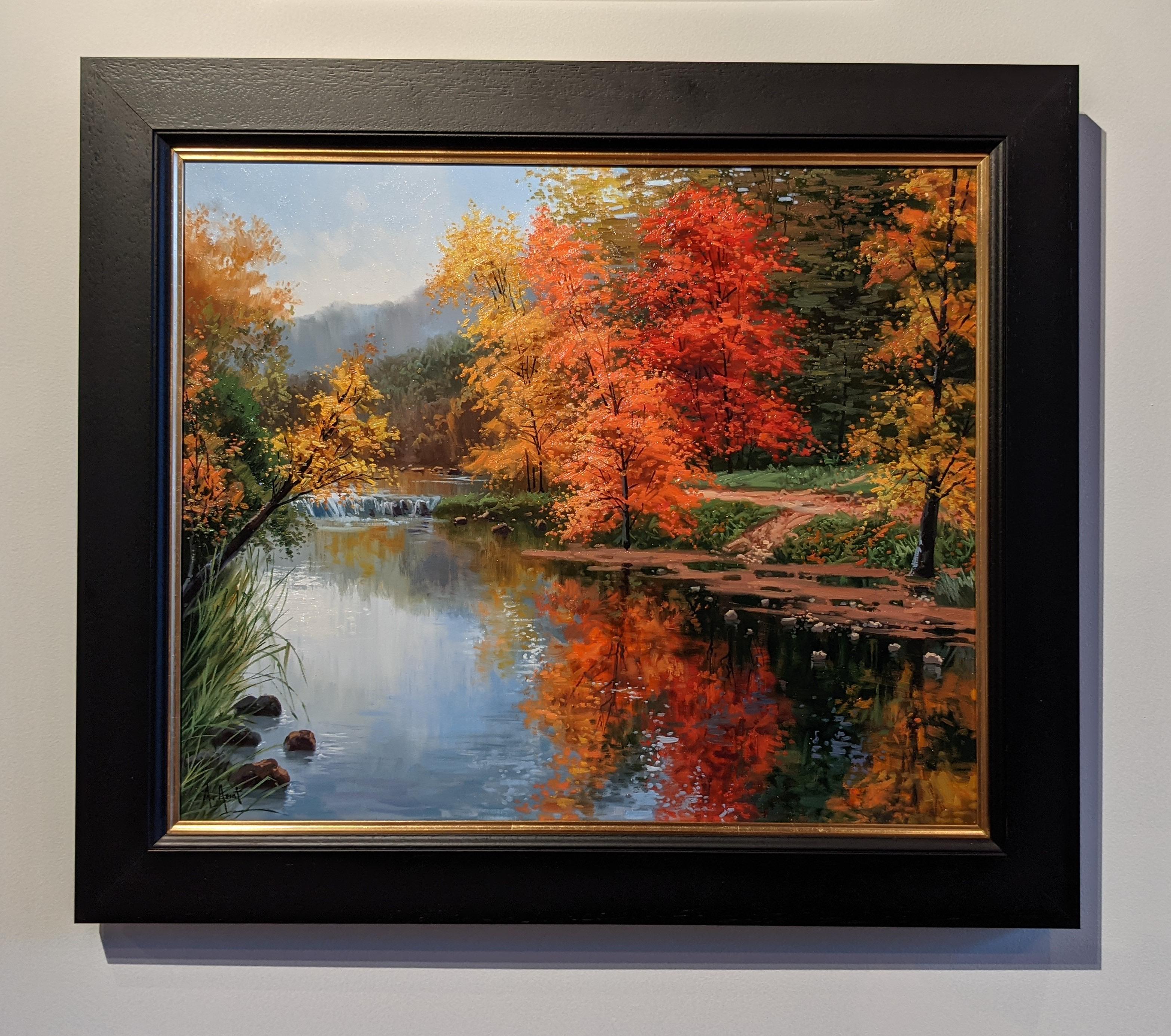 Landscape Painting Amal Amatt - Peinture de paysage contemporaine rouge d'une rivière et d'arbres « Autumnal Afternoon »