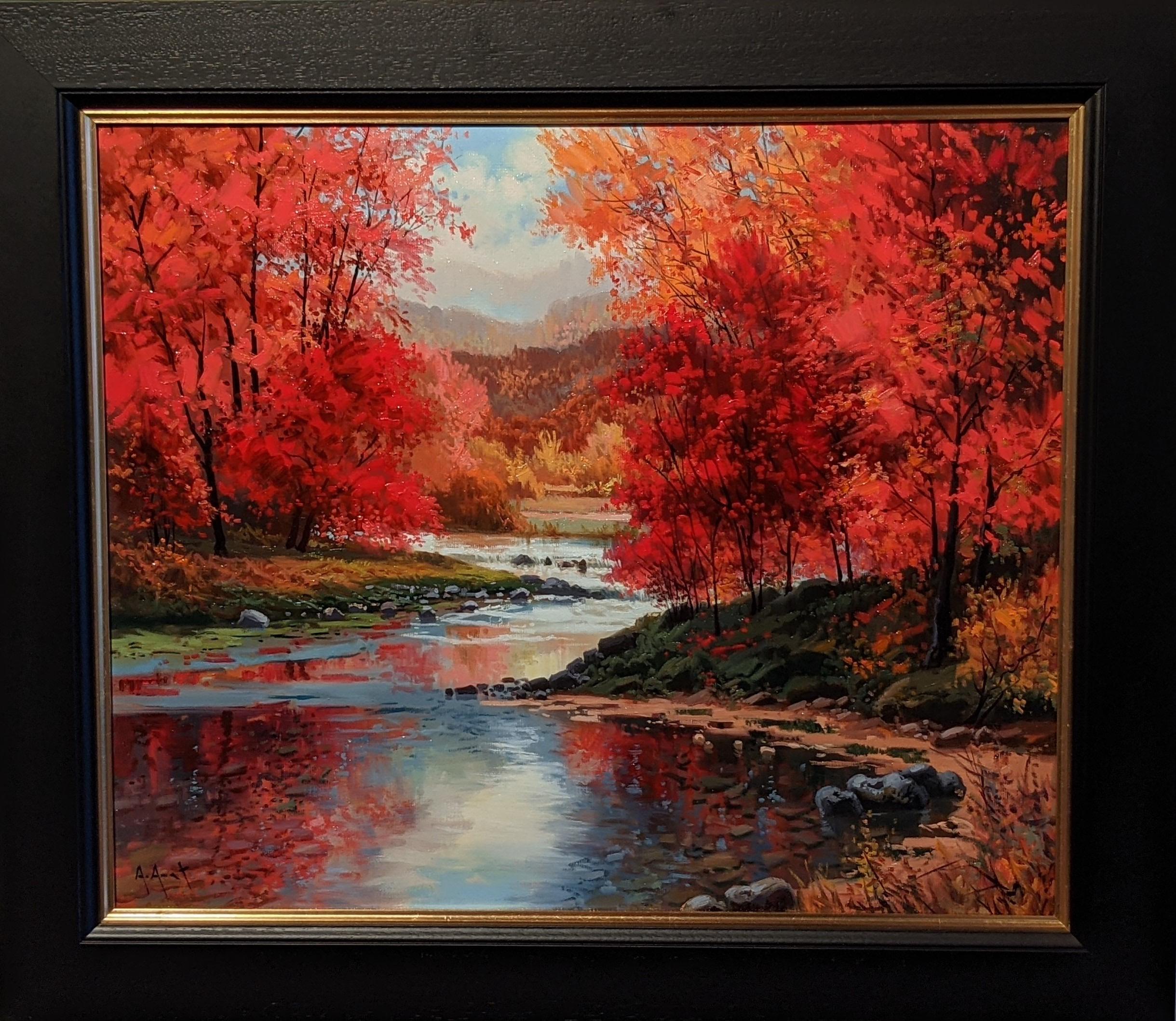 'Red Haze' Pintura paisajística contemporánea de bosque, río, árboles, rojo y naranja - Painting de Amal Amatt