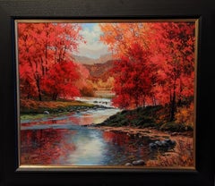 'Red Haze' Paesaggio contemporaneo dipinto di foresta, fiume, alberi, rosso e arancione