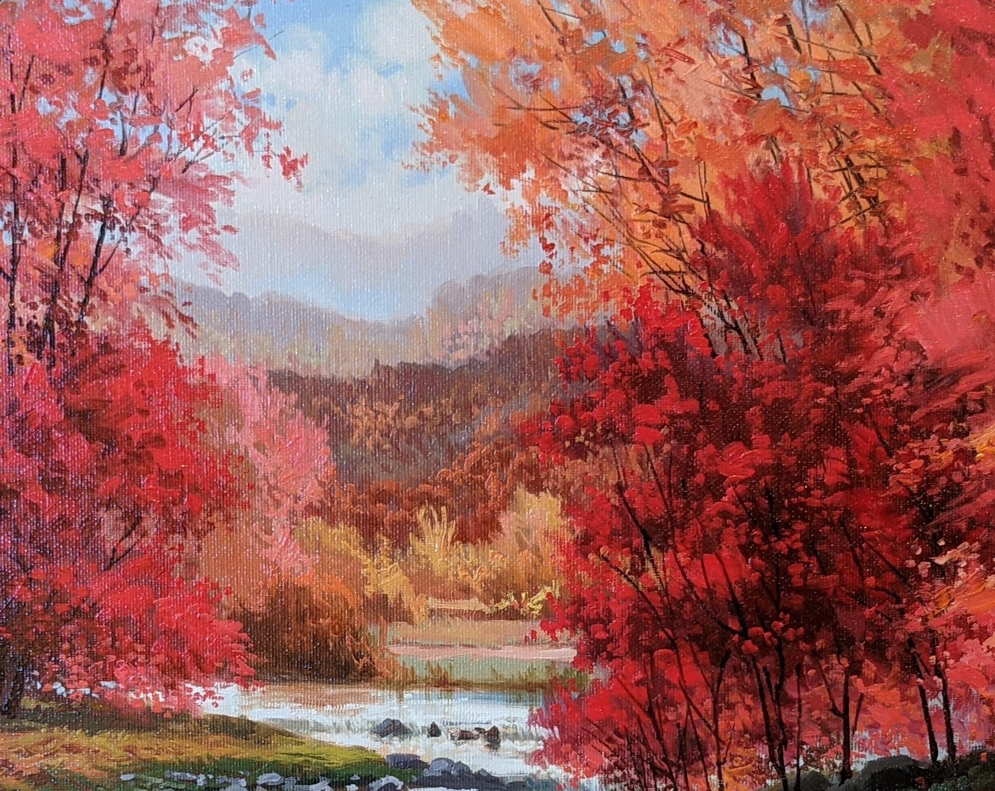 'Red Haze' by Amal Amatt. A Red Contemporary landscape painting of a river and incredibly detailed trees, with a red and orange colour palette. 

Amatt was born in the hot arid climate of Southern Spain but fell in love with lush landscape of