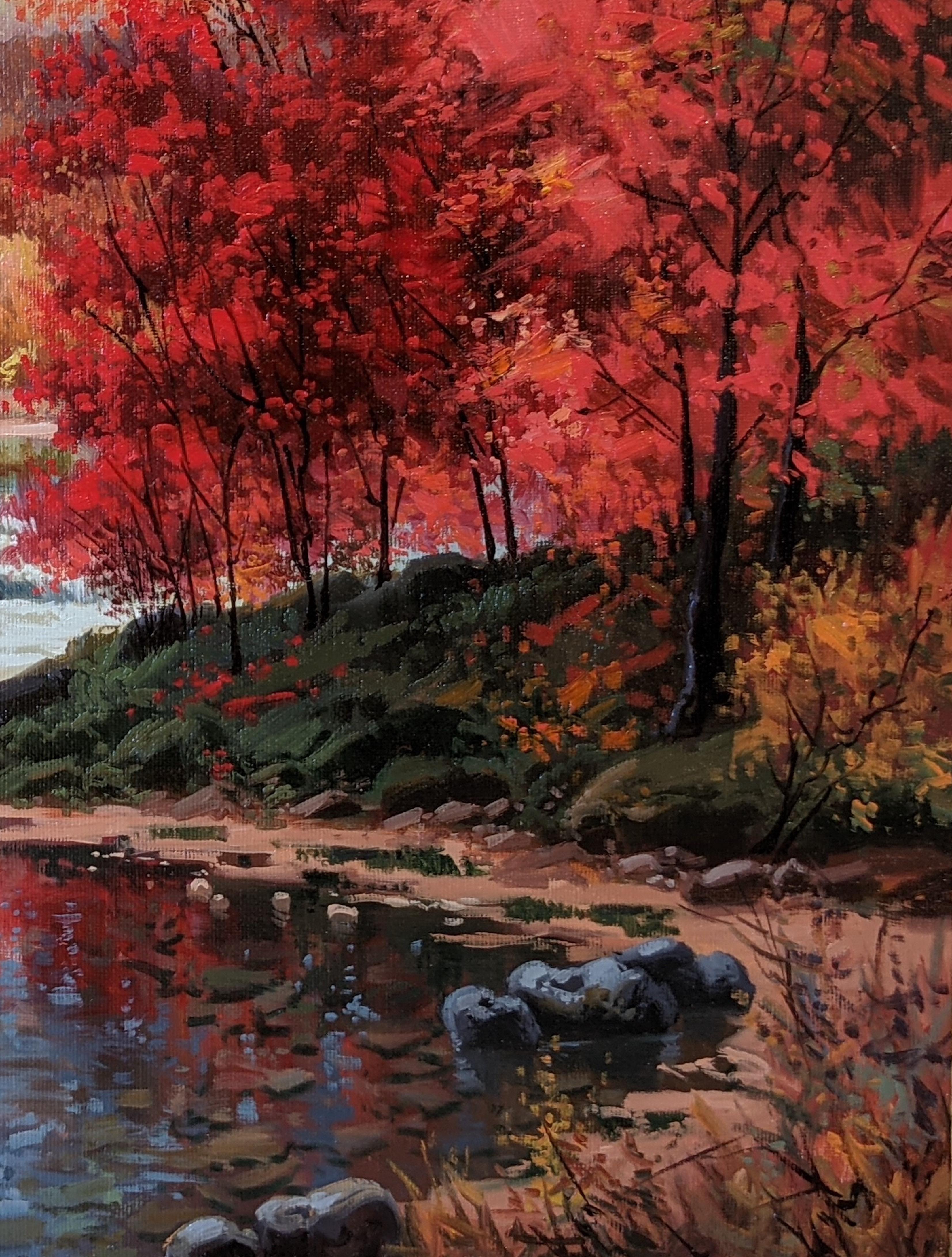 'Red Haze' Pintura paisajística contemporánea de bosque, río, árboles, rojo y naranja - Landscape Painting Marrón de Amal Amatt