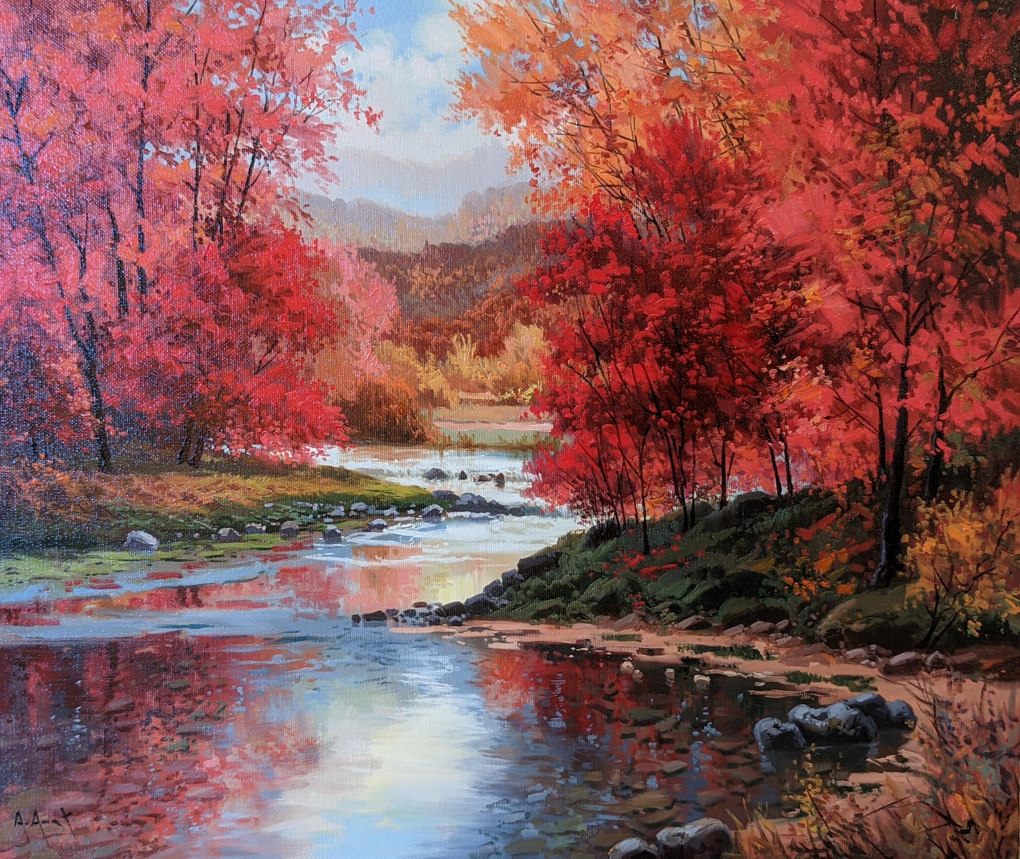 Landscape Painting de Amal Amatt - 'Red Haze' Pintura paisajística contemporánea de bosque, río, árboles, rojo y naranja