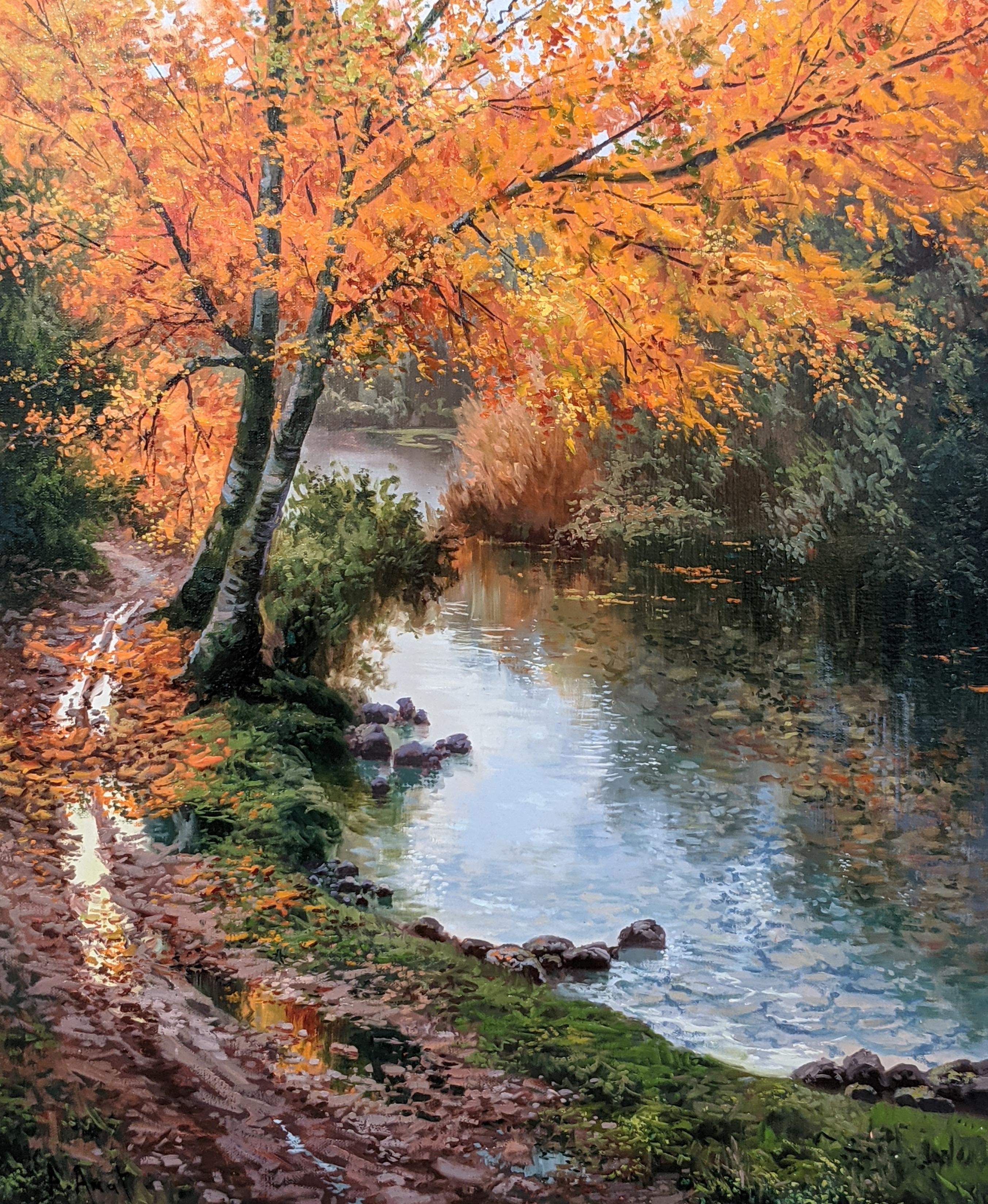 'Riverside Stroll' Contemporary Landscape painting for orange trees, and river  - Painting by Amal Amatt