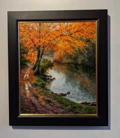 Zeitgenössisches Landschaftsgemälde „Riverside Stroll“ für orangefarbene Bäume und Fluss 