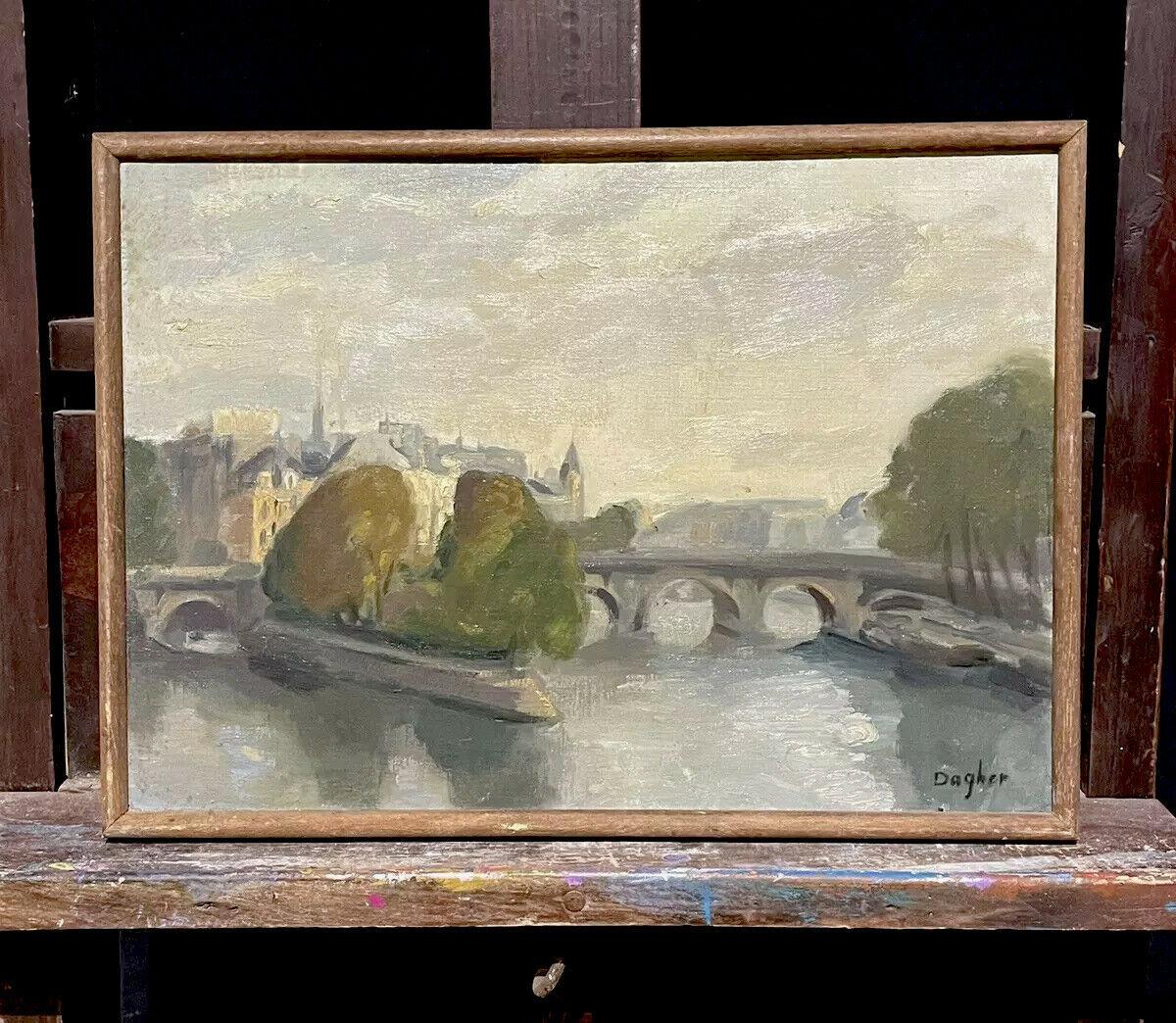 1970's FRENCH SIGNED OIL - MOODY PARISIAN RIVER SEINE SCENE - MUTED COLOUR RANGE - Painting by Amal Dagher