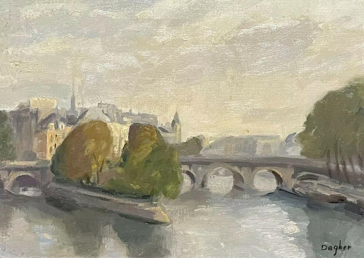 Amal Dagher Landscape Painting - 1970's FRENCH SIGNED OIL - MOODY PARISIAN RIVER SEINE SCENE - MUTED COLOUR RANGE