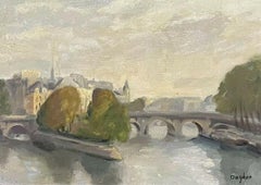 1970's FRENCH SIGNED OIL - MOODY PARISIAN RIVER SEINE SCENE - MUTED COLOUR RANGE