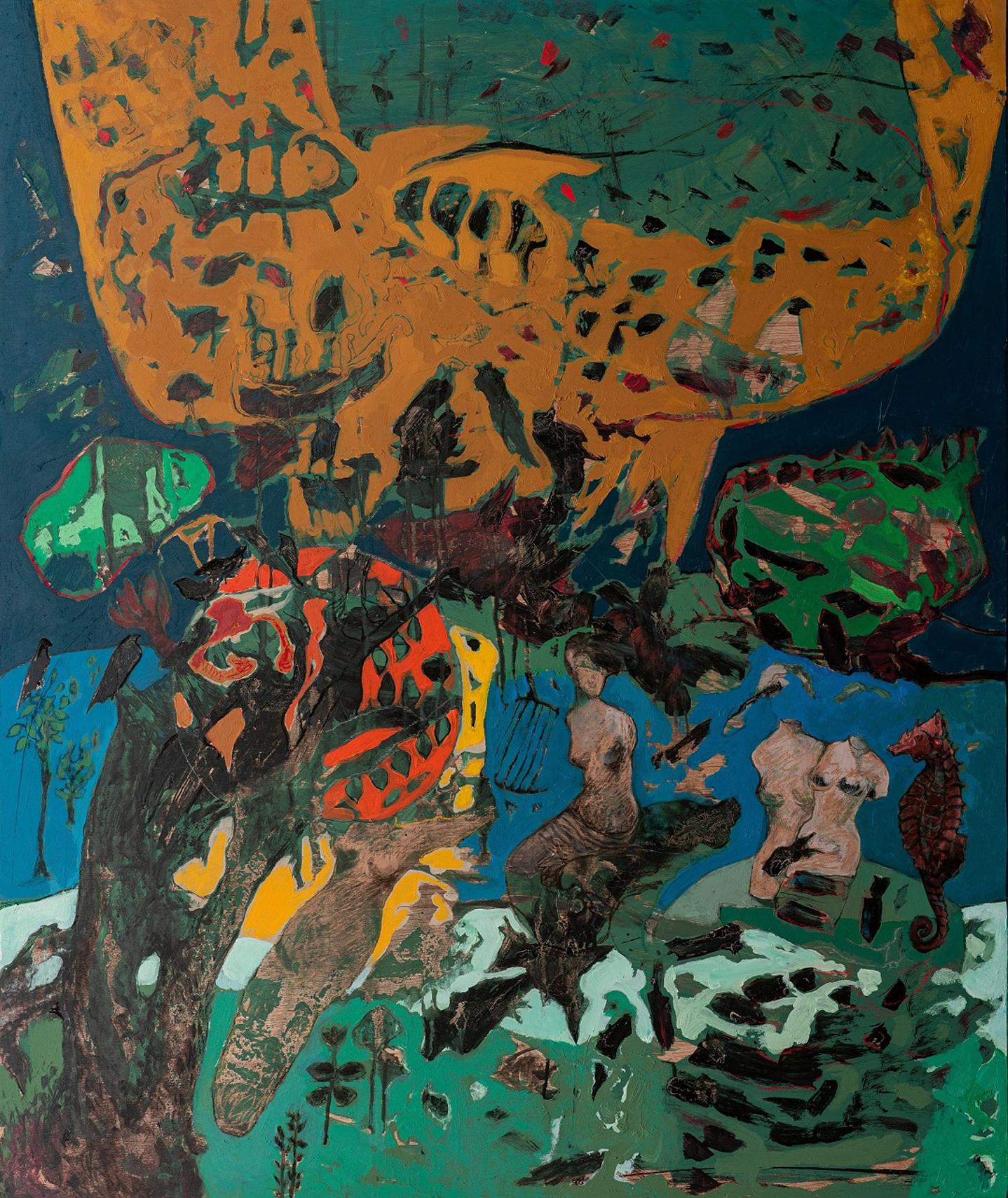 Abstraktes Gemälde „Dreamers“ 47" x 39" Zoll von Amal Nasr