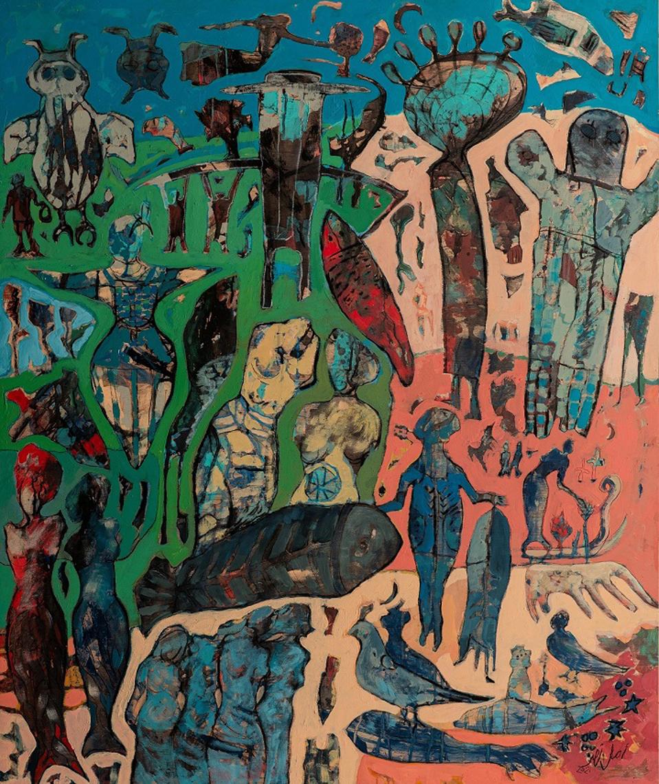 Abstraktes Gemälde „Elemental“ 47" x 39" Zoll von Amal Nasr