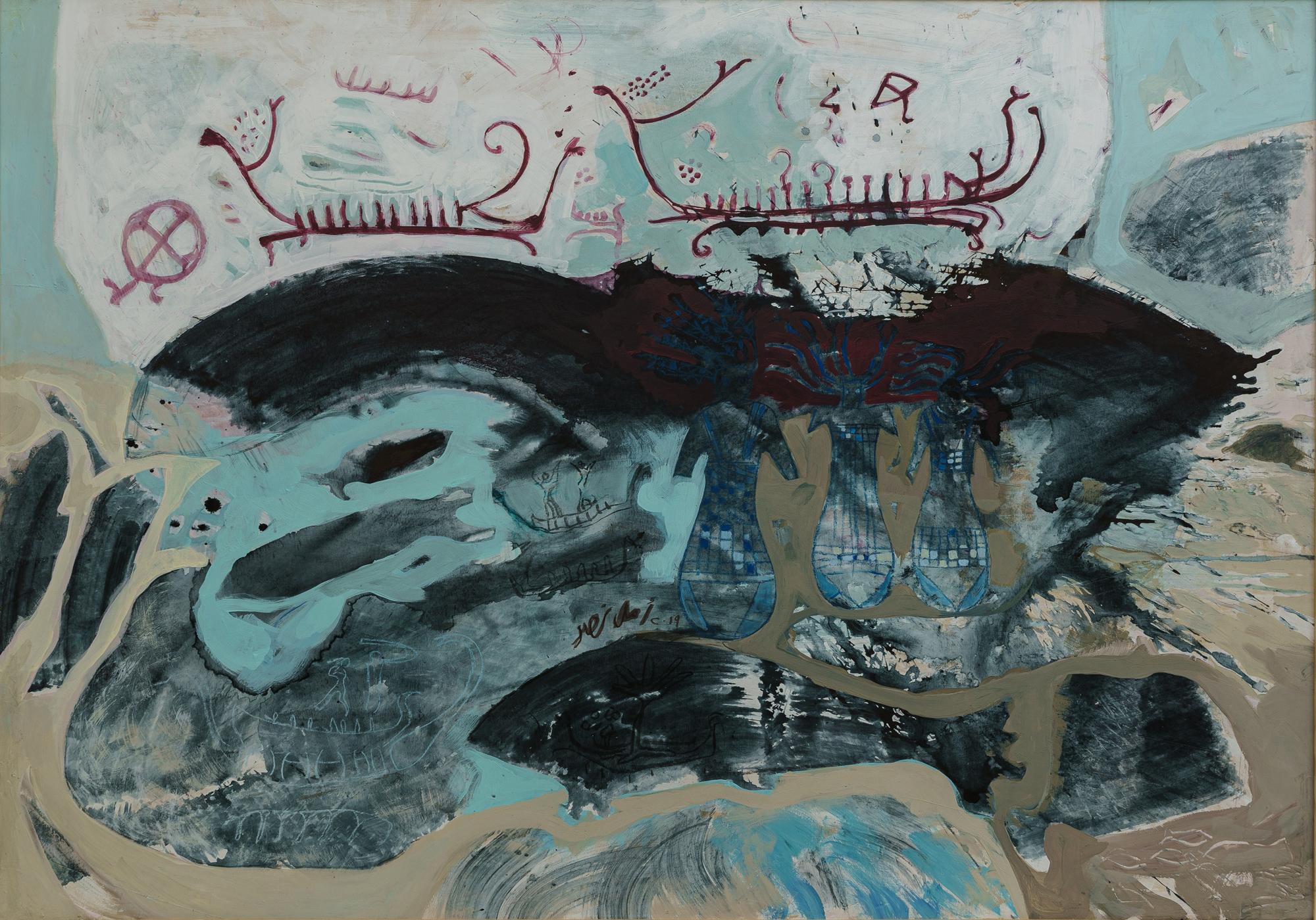 Abstraktes Gemälde „Longboats“ 39" x 47" Zoll von Amal Nasr